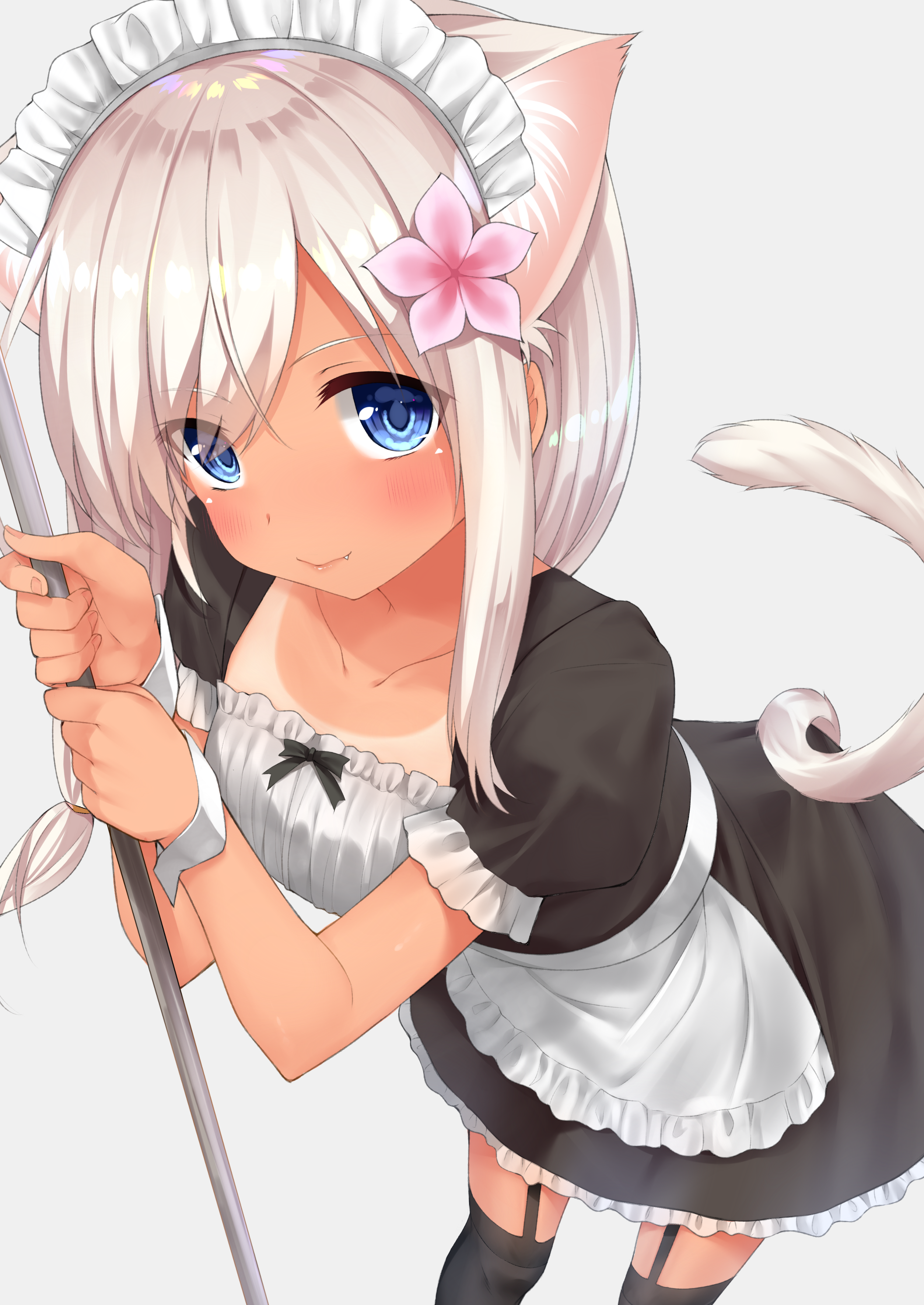 Anime 2508x3541 simple background white background animal ears Kantai Collection maid maid outfit cat girl Ro-500 (KanColle) stockings tail tan lines thigh-highs blushing silver hair