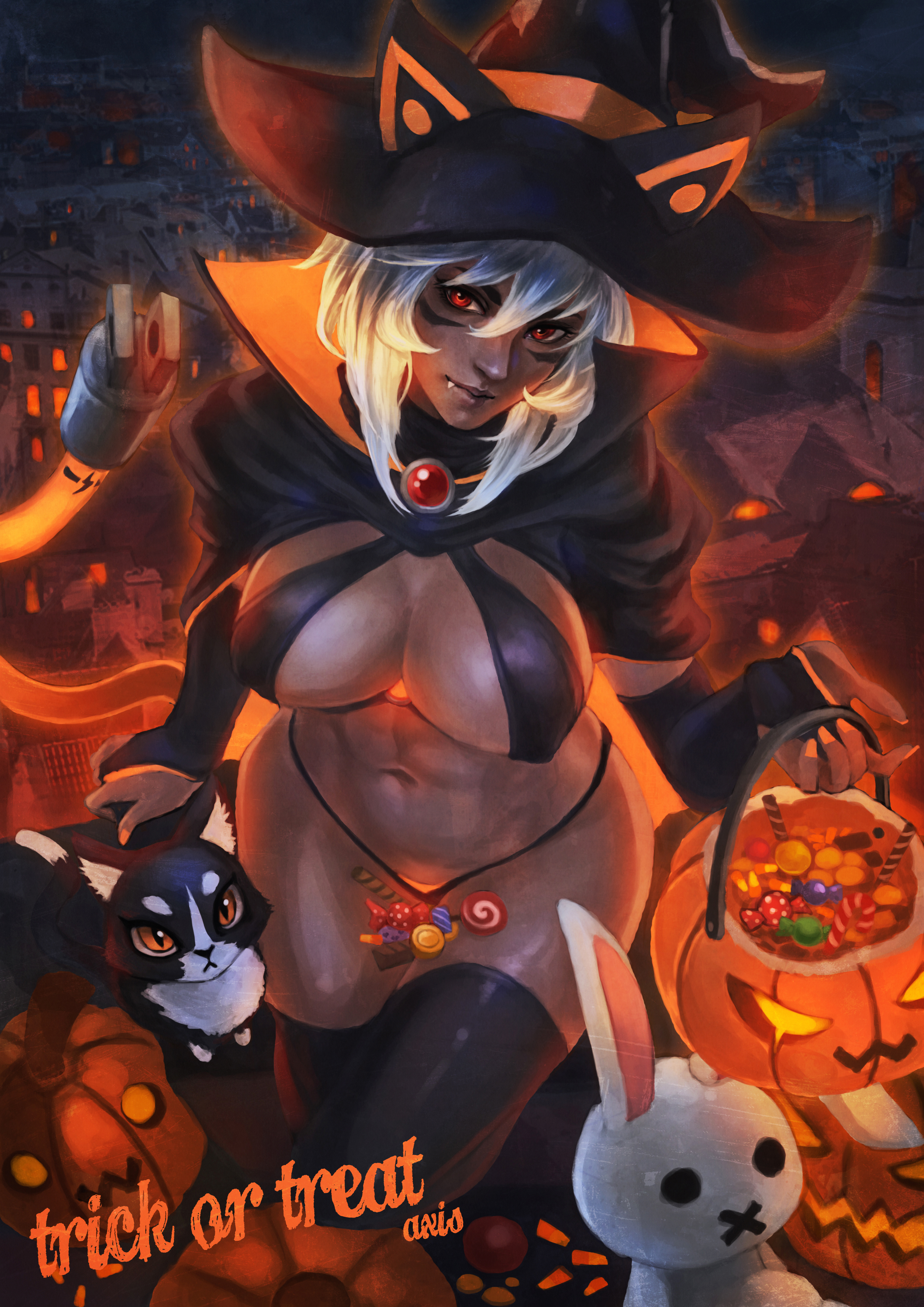 Anime 2480x3508 pumpkin witch hat hat witch Halloween bikini hard nipples cats black swimsuit thigh-highs