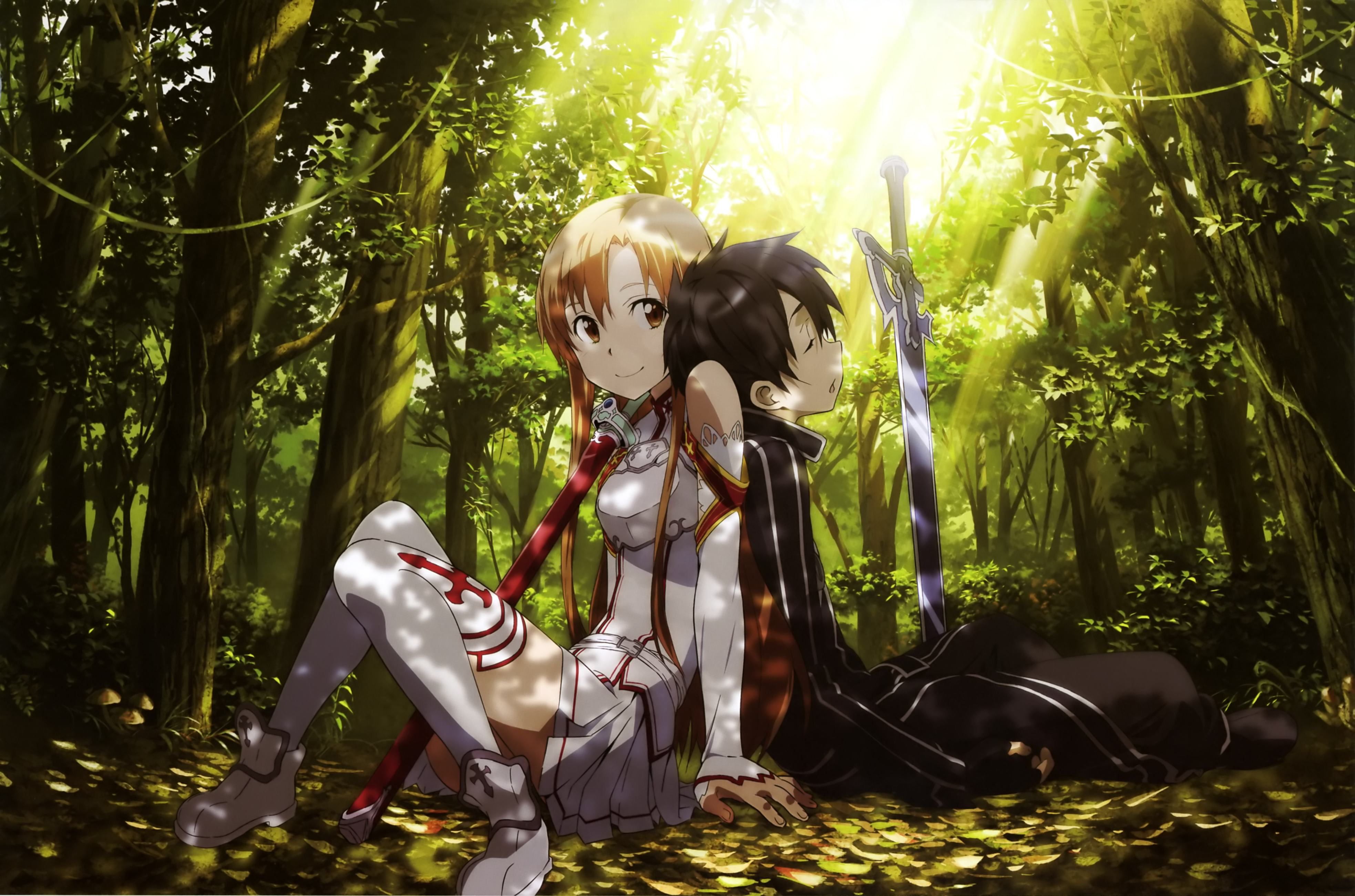 Anime 3933x2602 Sword Art Online Yuuki Asuna (Sword Art Online) trees sword knees together smiling Kirigaya Kazuto (Sword Art Online) couple
