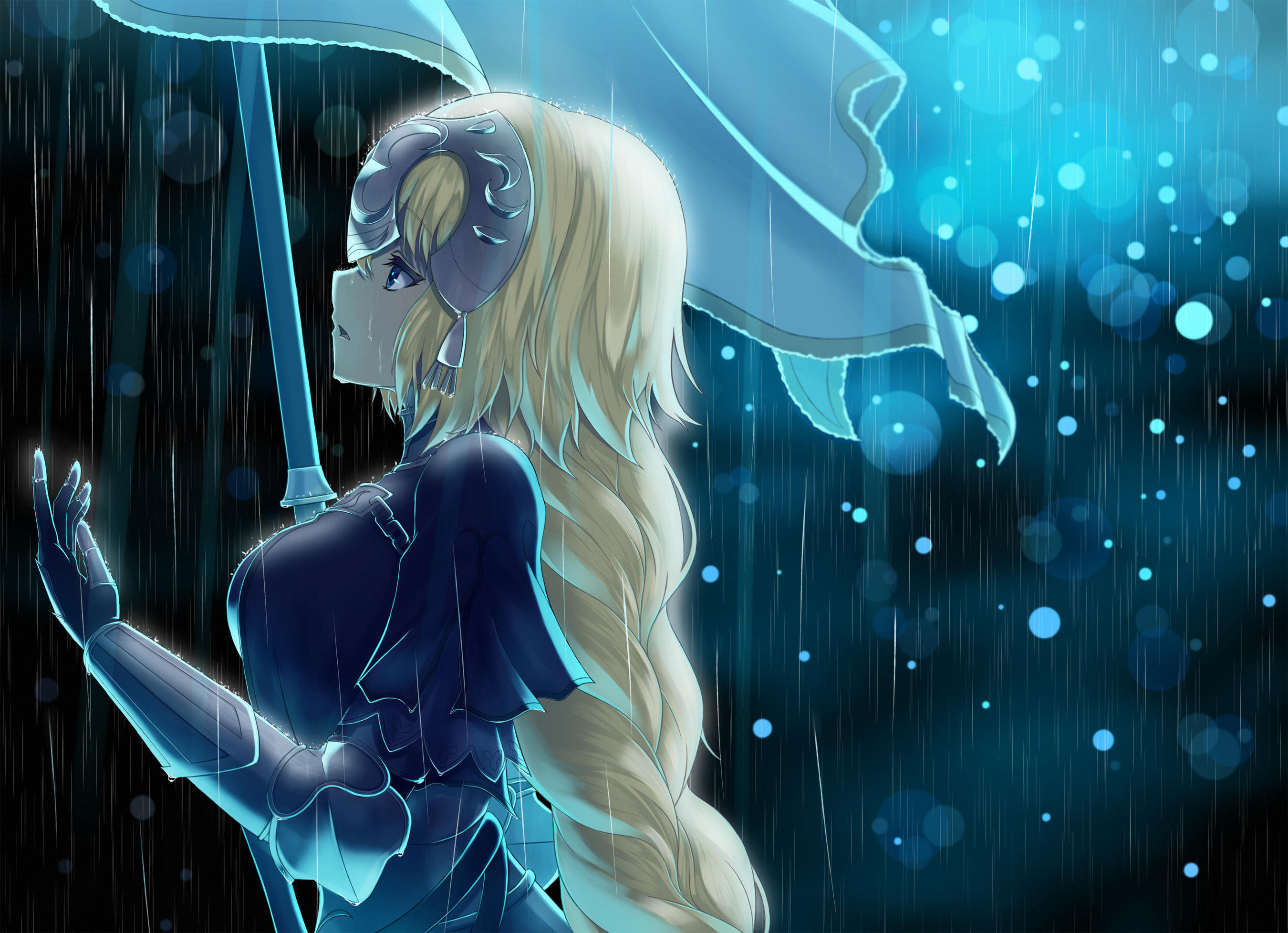 Anime 2700x1956 long hair blonde Ruler (Fate/Grand Order) Ruler (Fate/Apocrypha) Fate/Apocrypha  cyan blue rain