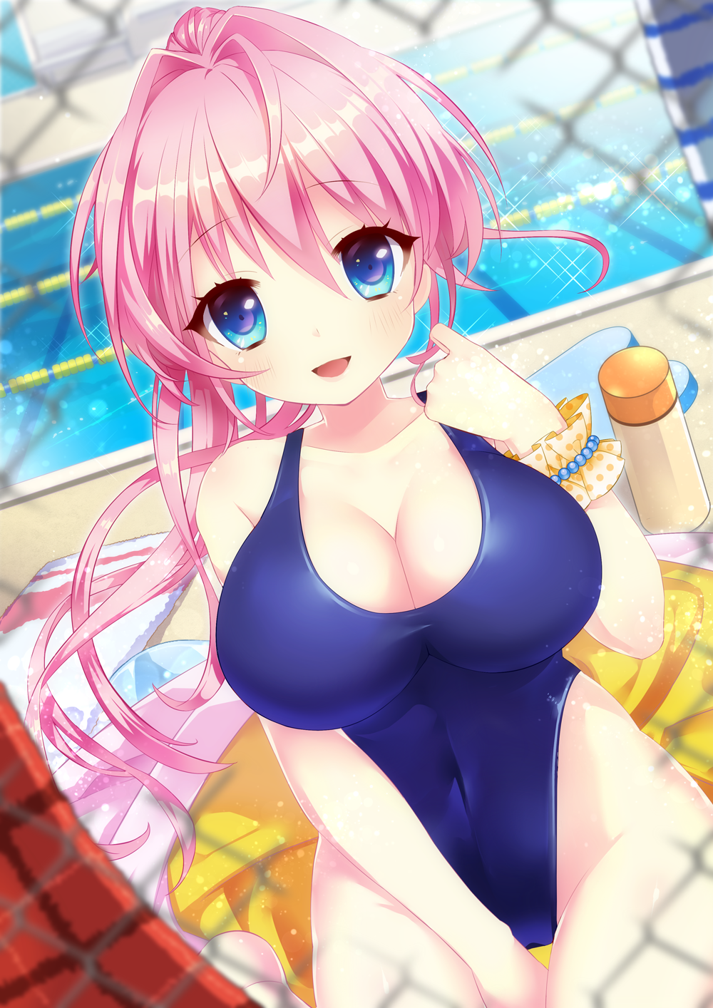 Anime 1000x1414 original characters pink hair blue eyes one-piece swimsuit cleavage