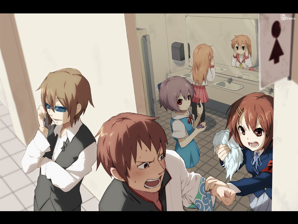 Anime 1024x768 anime The Melancholy of Haruhi Suzumiya anime girls anime boys toilets