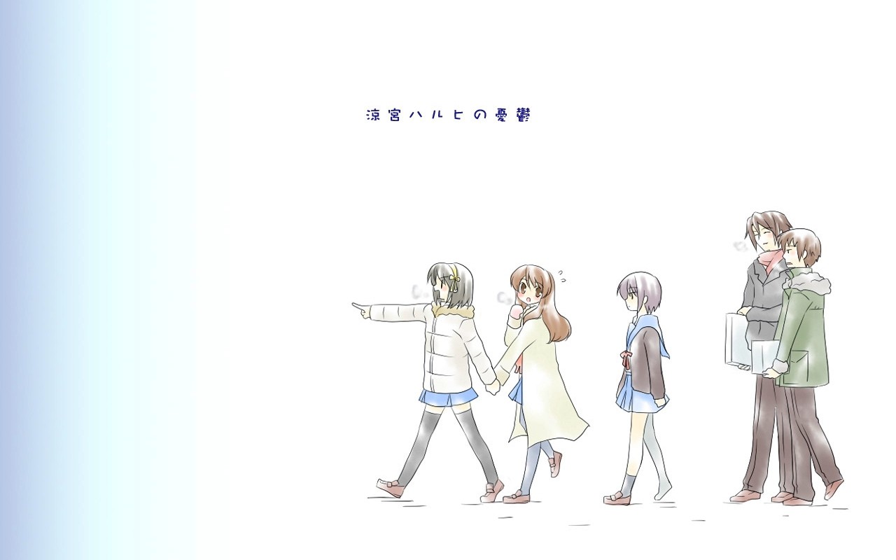 Anime 1280x800 anime The Melancholy of Haruhi Suzumiya anime boys anime girls simple background