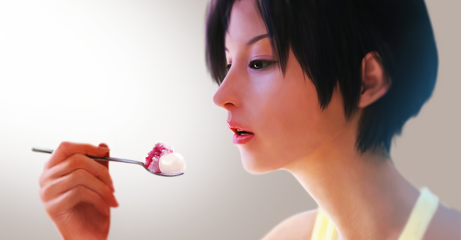 General 1920x1000 illustration women short hair eating spoon simple background closeup digital art