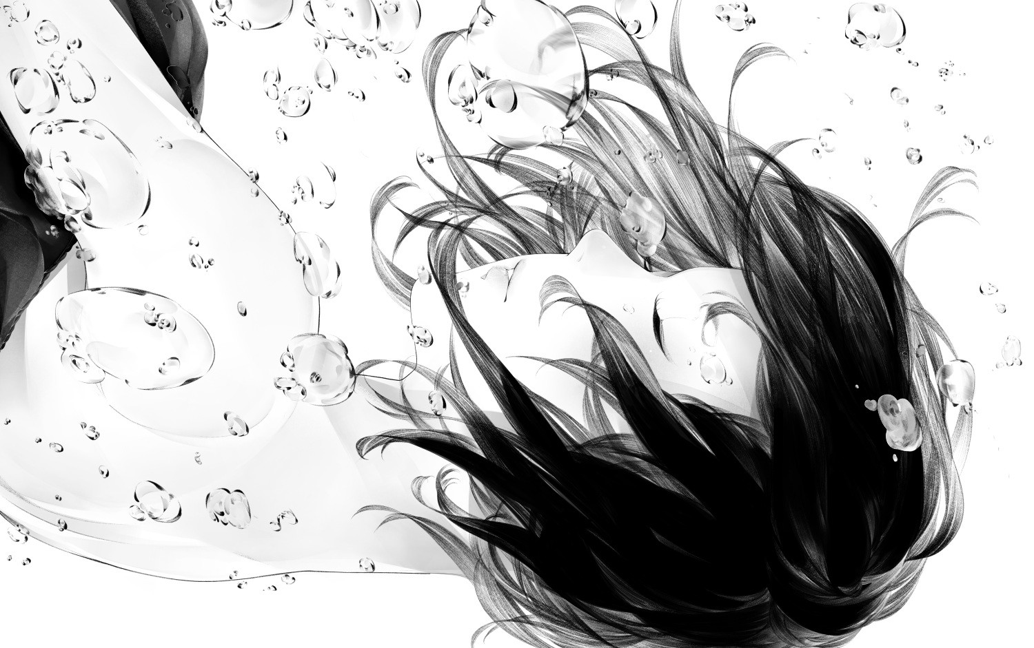 Anime 1500x941 black hair underwater bubbles monochrome