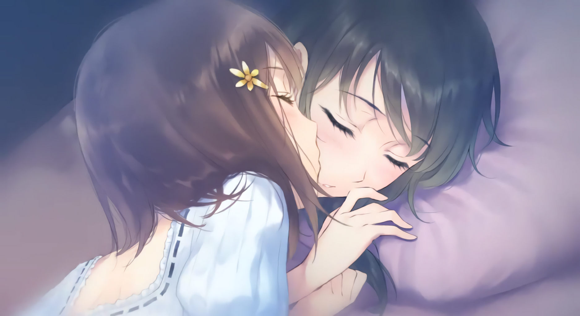 Anime 1875x1024 yuri Innocent Grey closed eyes kissing