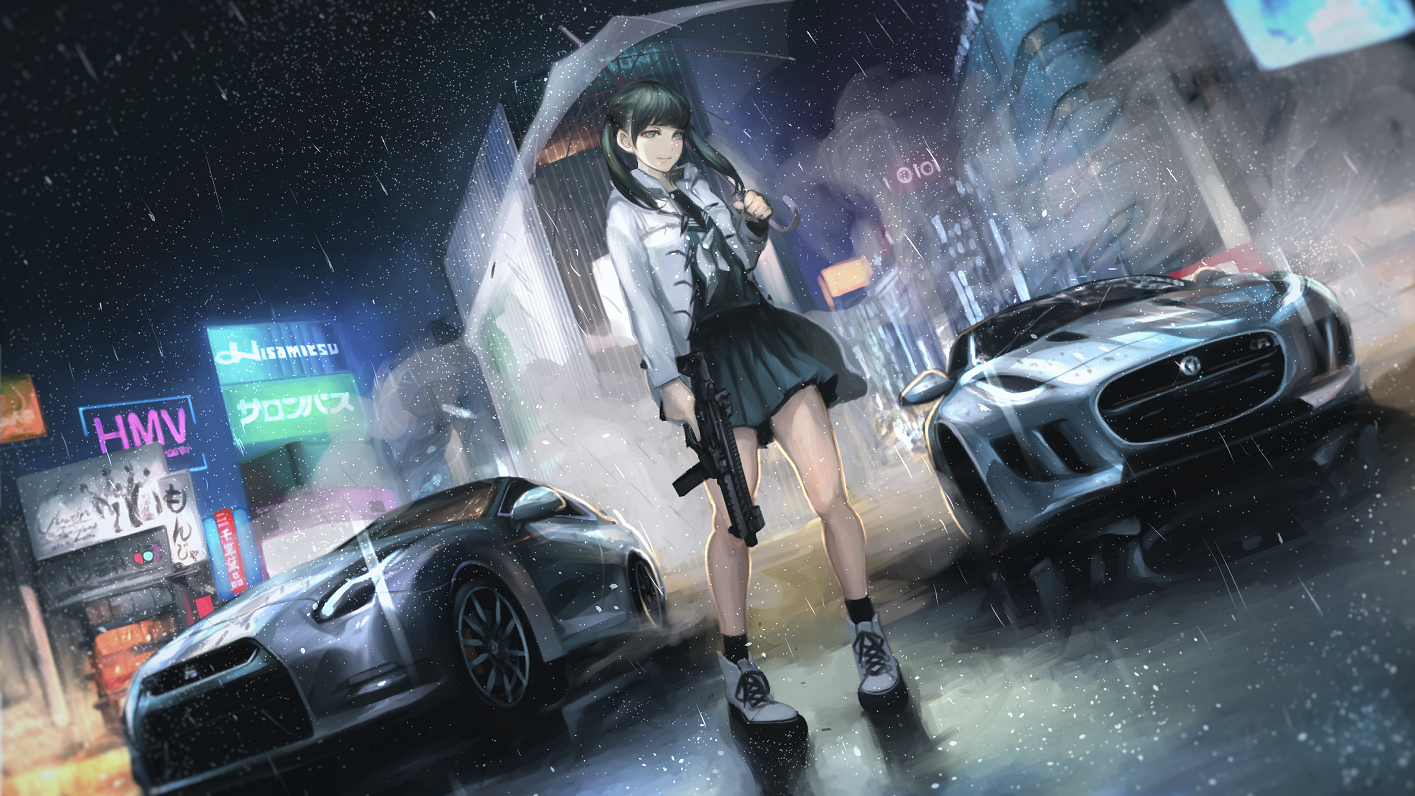 Anime 1415x796 gun anime rain koh anime girls school uniform umbrella