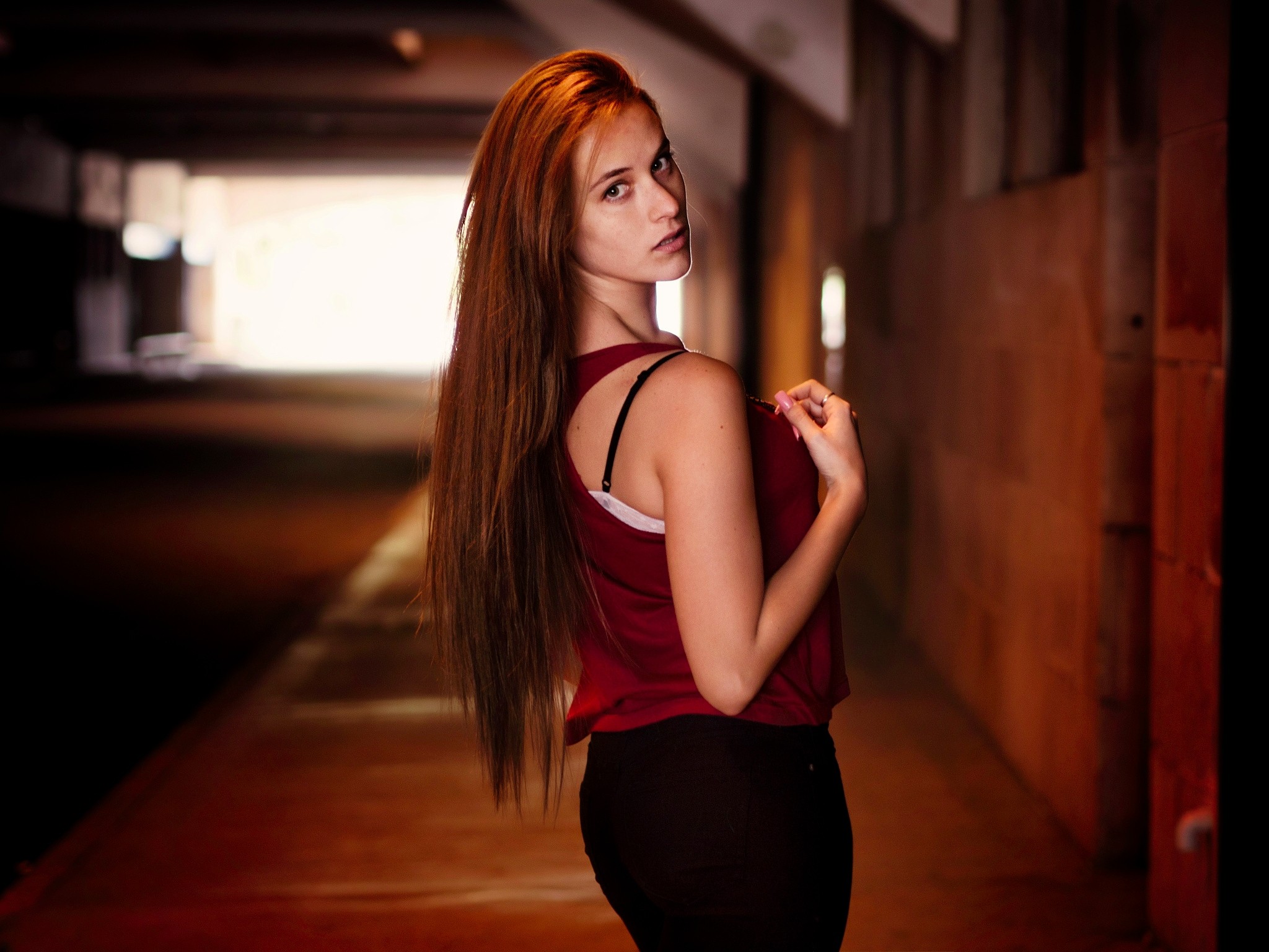 People 2048x1536 Adriano Perticone women model long hair looking at viewer redhead rear view