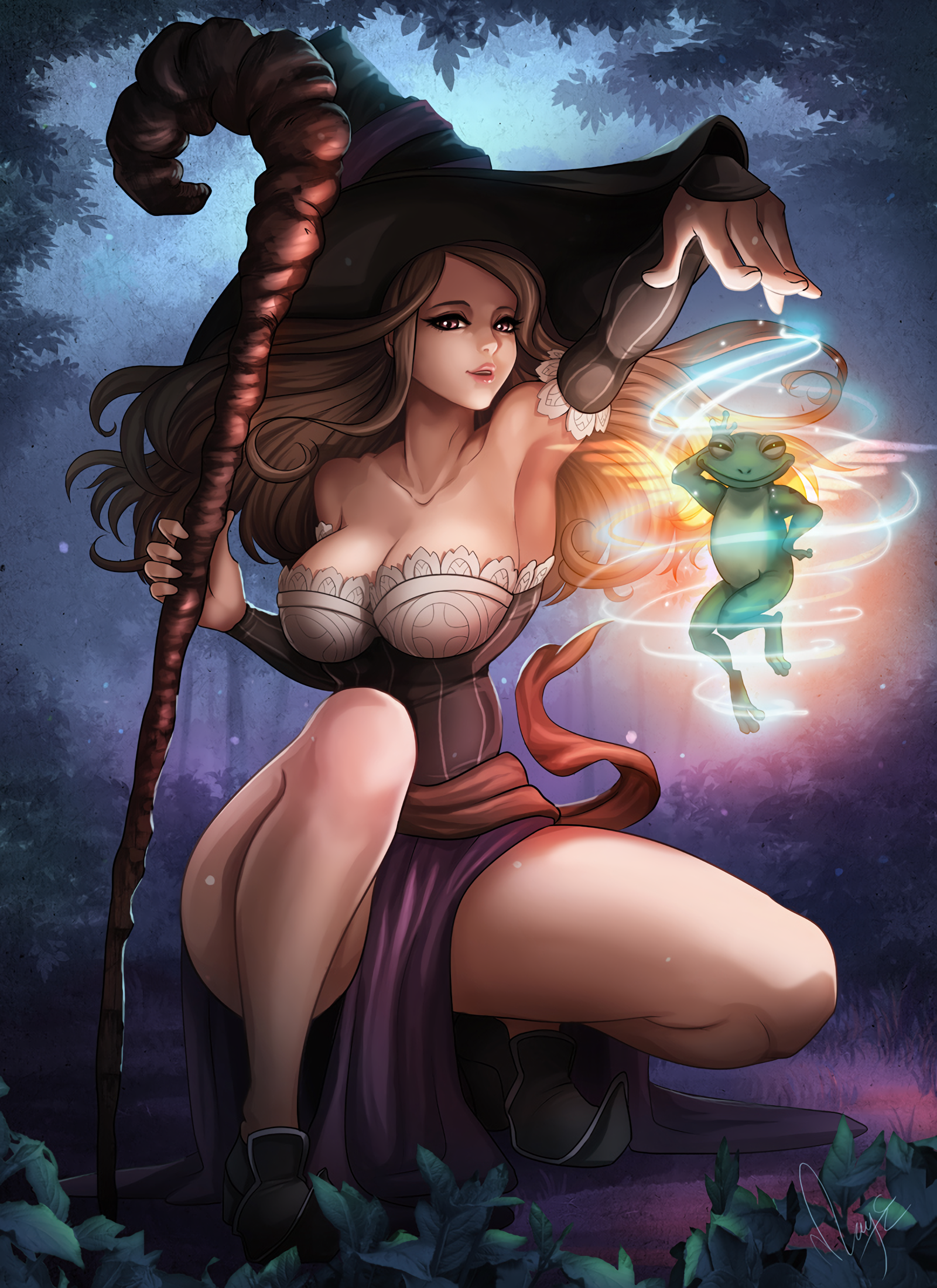 Anime 1600x2200 anime anime girls Dragon's Crown witch hat no bra open shirt long hair brunette forest