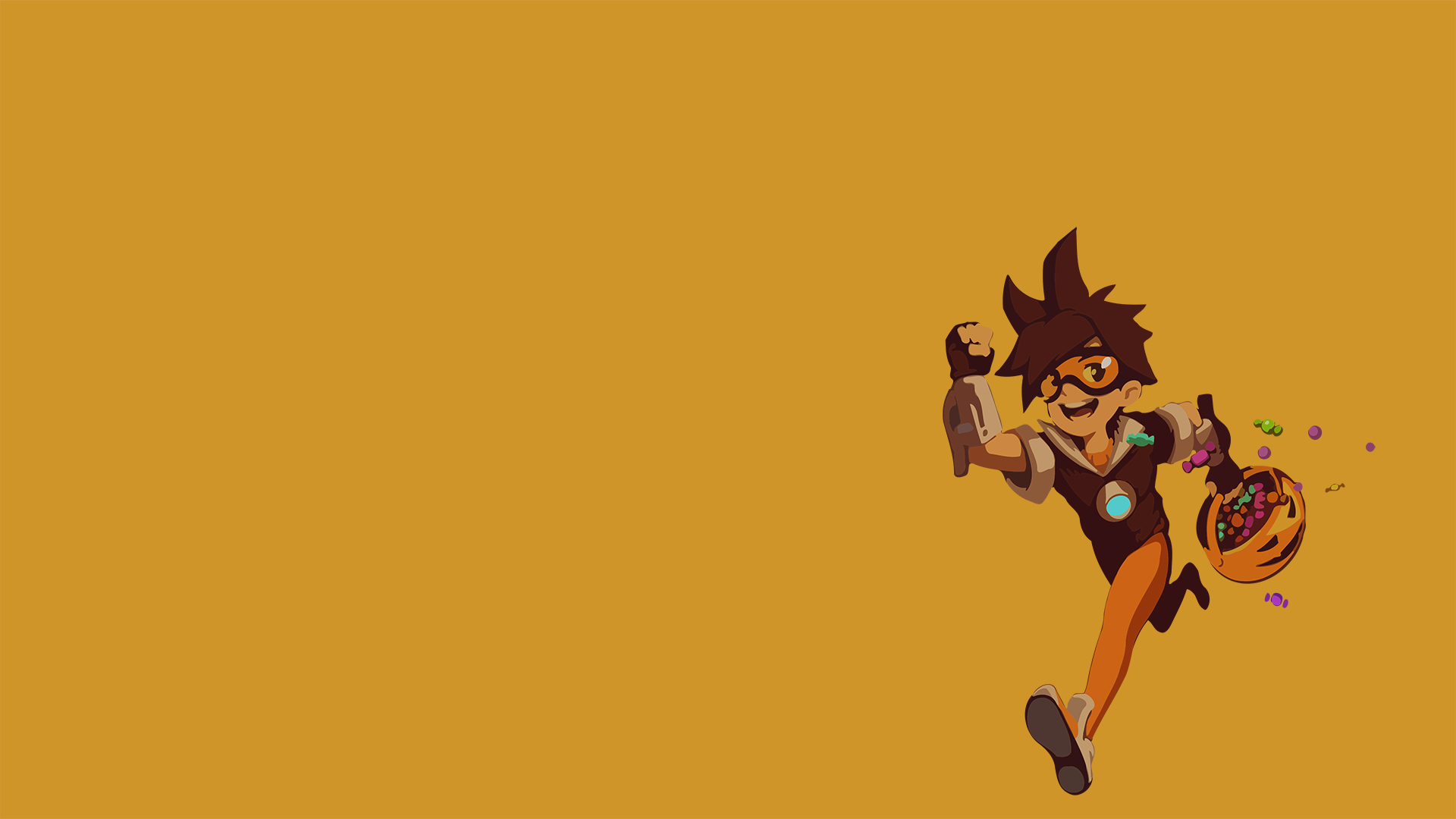 General 1920x1080 yellow Tracer (Overwatch) video game characters digital art Overwatch candy simple background pumpkin running smiling open mouth minimalism brunette video game girls fist gloves fingerless gloves