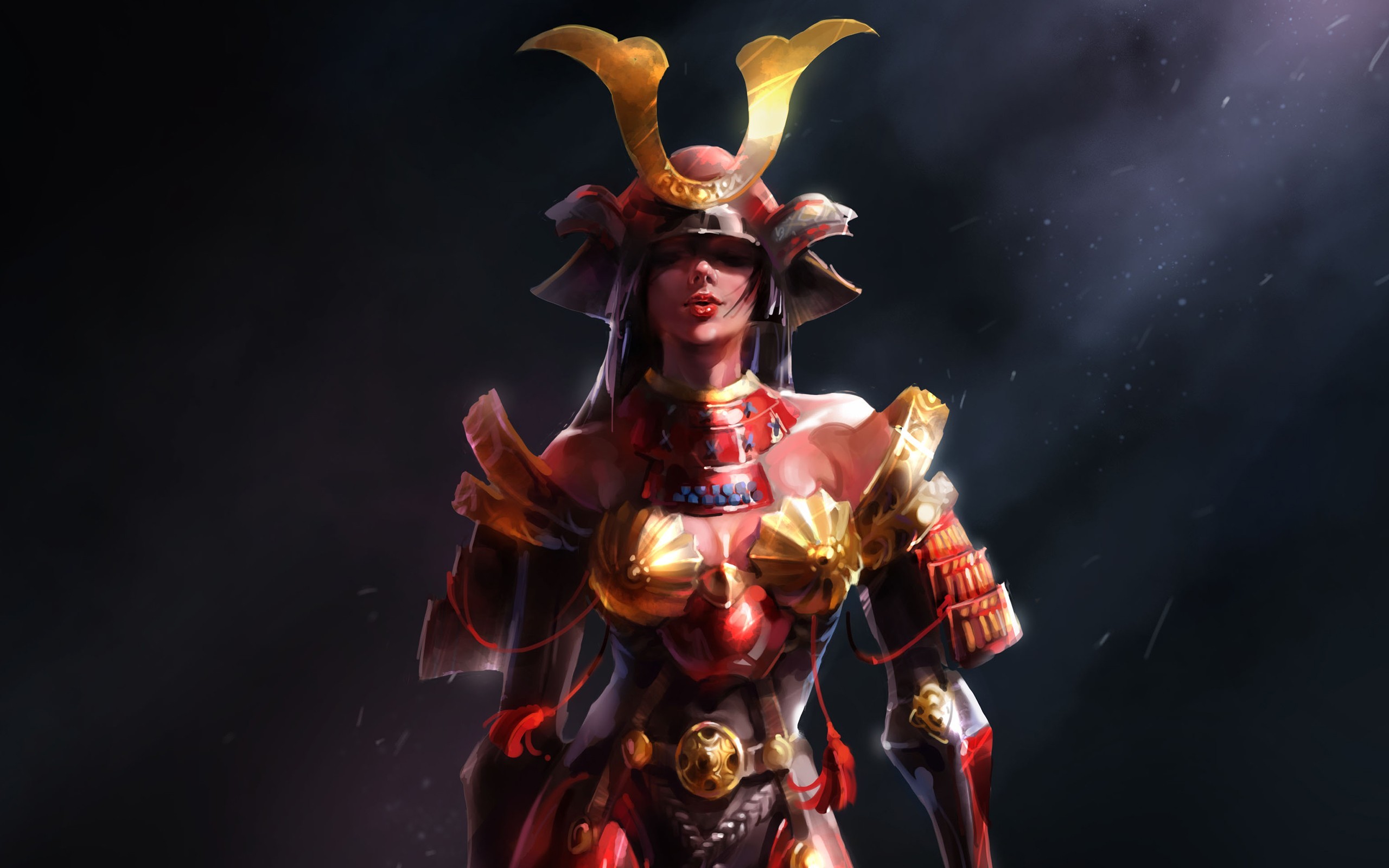 General 2560x1600 women armor samurai figure-hugging armor frontal view cleavage face bare shoulders blowing kisses simple background dust