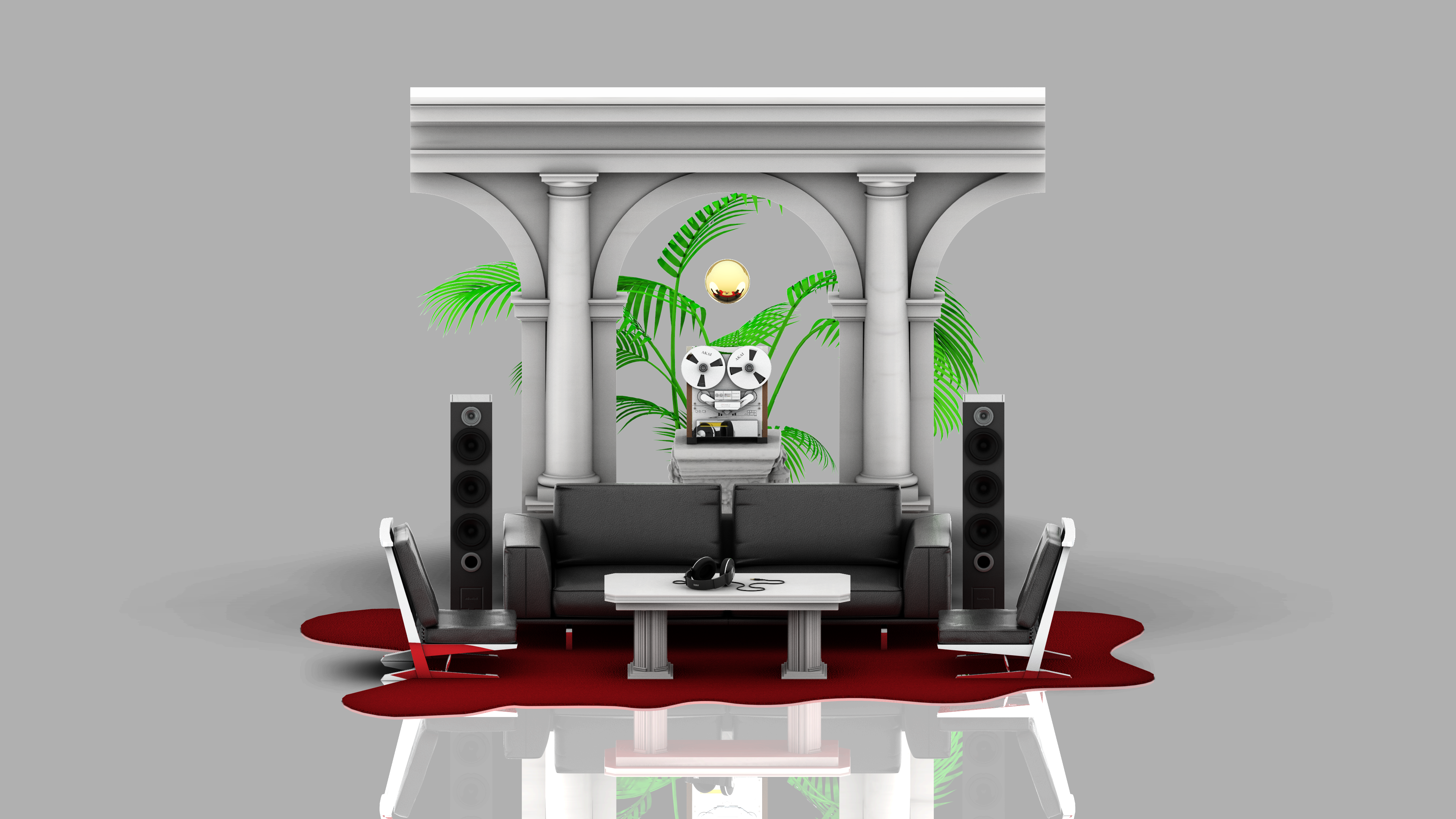 General 3840x2160 CGI graphic design room Architecture models carpet marble plants couch music speakers tape recorder gold digital art simple background reflection