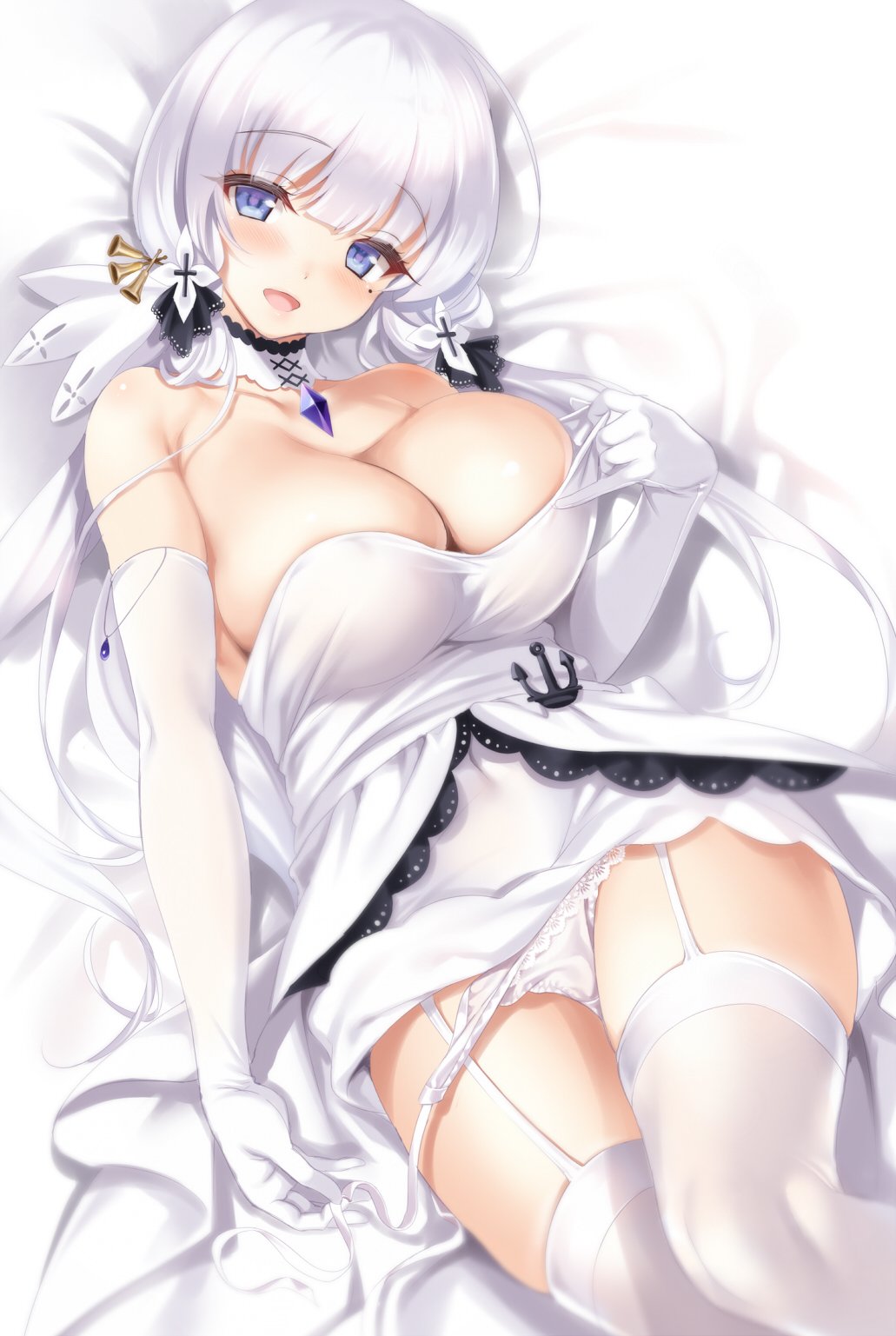 Anime 1031x1537 cleavage blue eyes thigh-highs panties Azur Lane Illustrious (Azur Lane) Cle Masahiro anime girls dress no bra white hair in bed big boobs