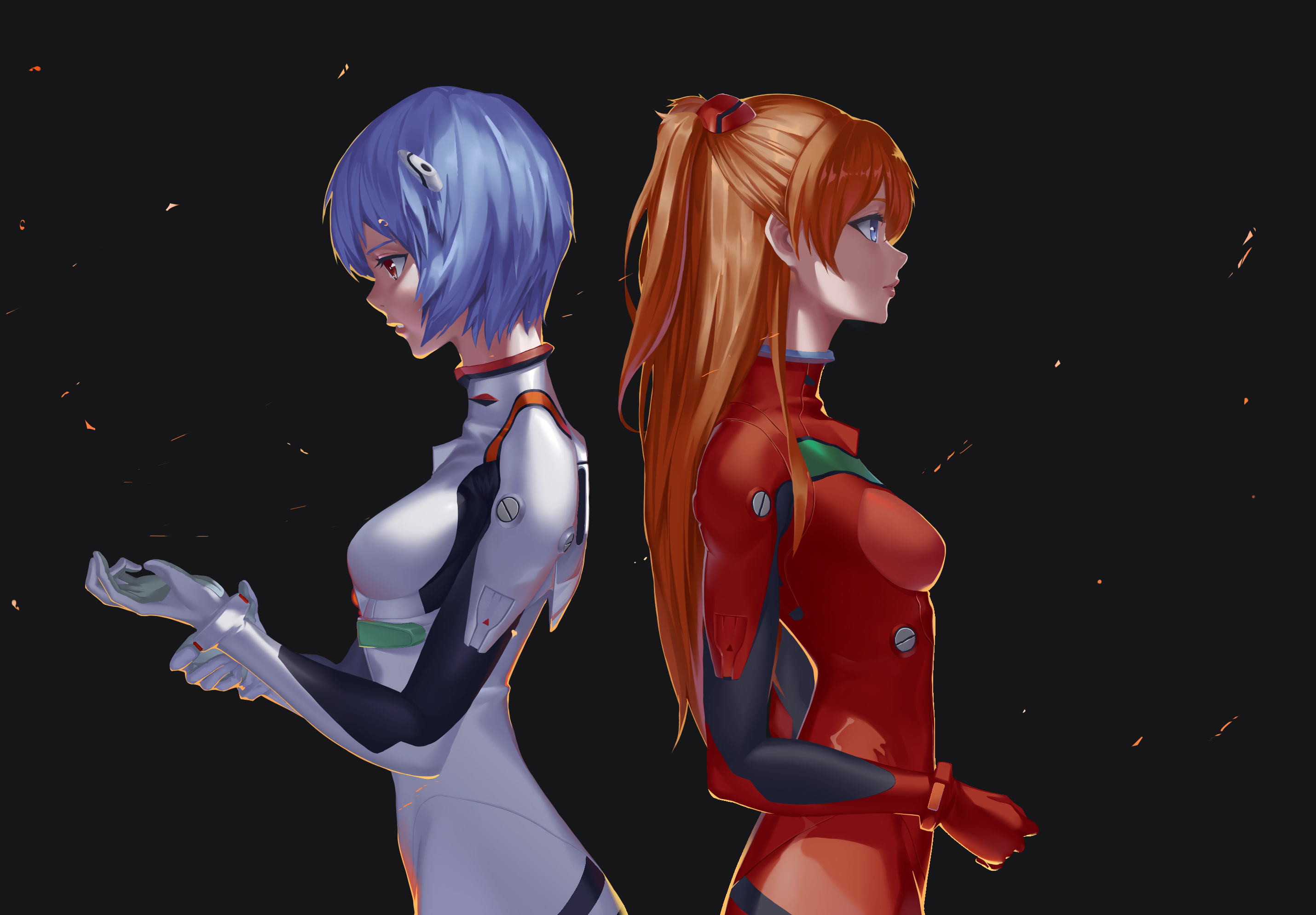 Anime 2860x1989 Neon Genesis Evangelion anime girls Asuka Langley Soryu Ayanami Rei small boobs sideboob glutes curvy plugsuit simple background 2D twintails bangs juicy lips belly bodysuit anime looking away back to back short hair blue hair redhead long hair hair in face blue eyes red eyes fan art