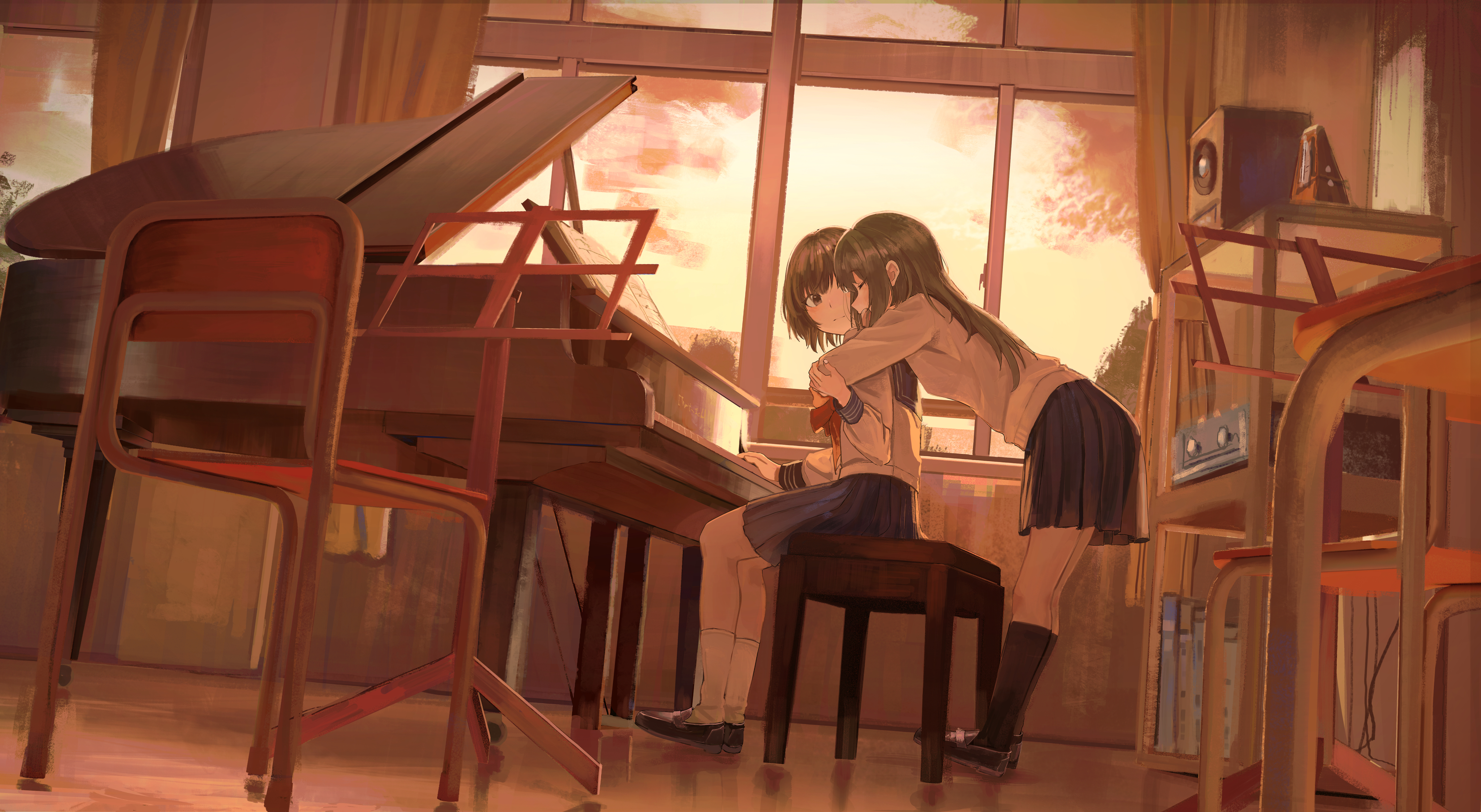 Anime 4096x2246 anime girls piano sitting hugging skirt