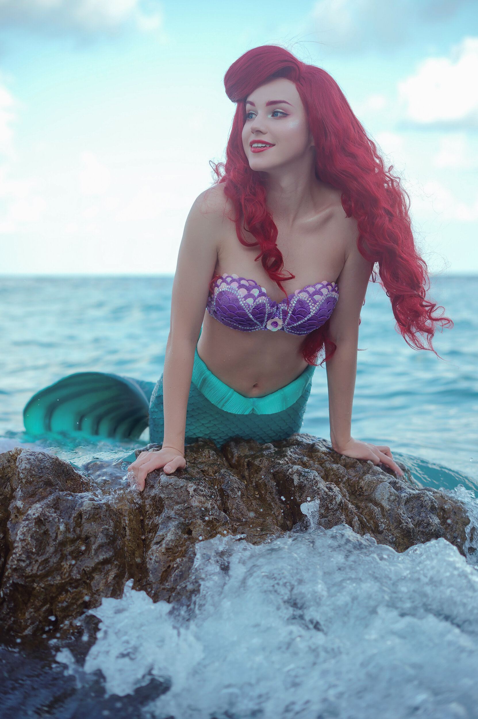 People 1663x2500 women model cosplay outdoors women outdoors redhead mermaids Ariel (Disney) Disney Disney princesses Shirogane Sama water wet bare shoulders belly belly button