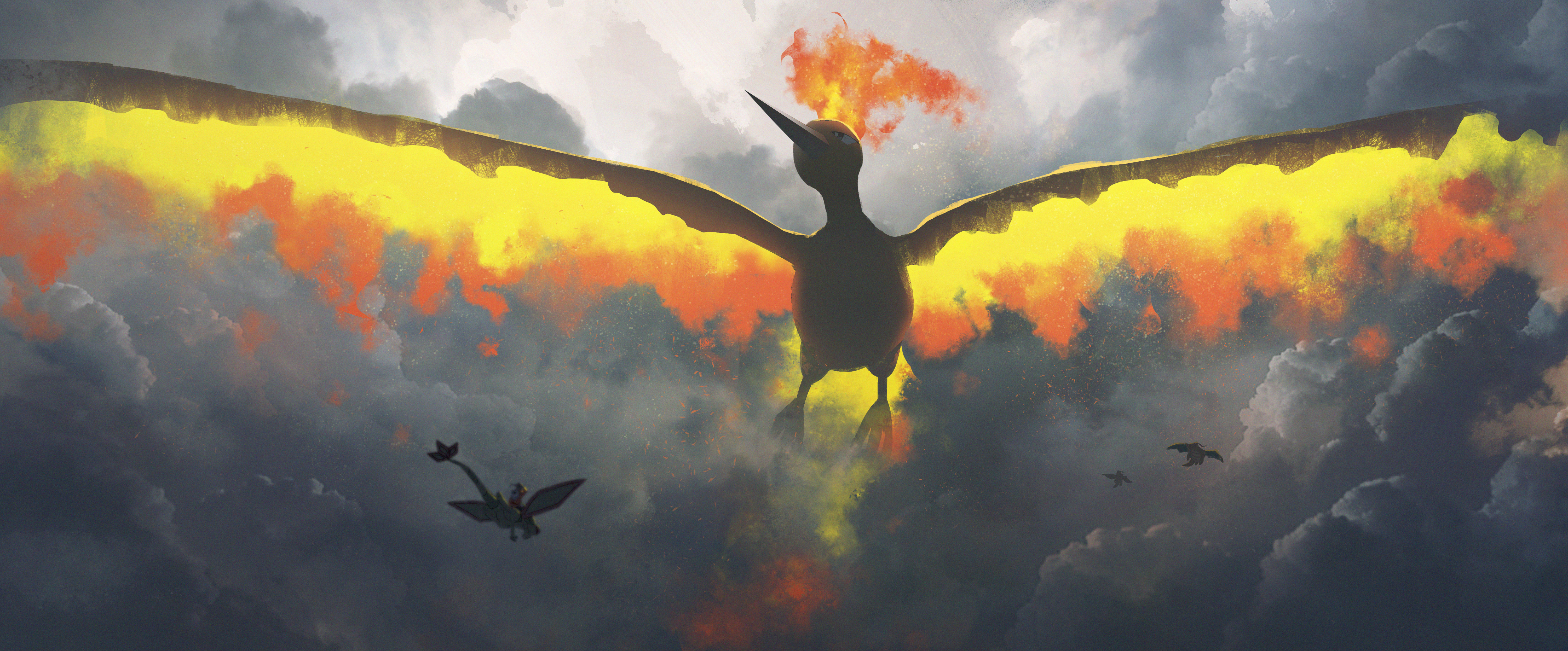 Anime 6000x2492 Asteroid (artist) Pokémon anime Moltres Flygon Dragonite Charizard Pixiv