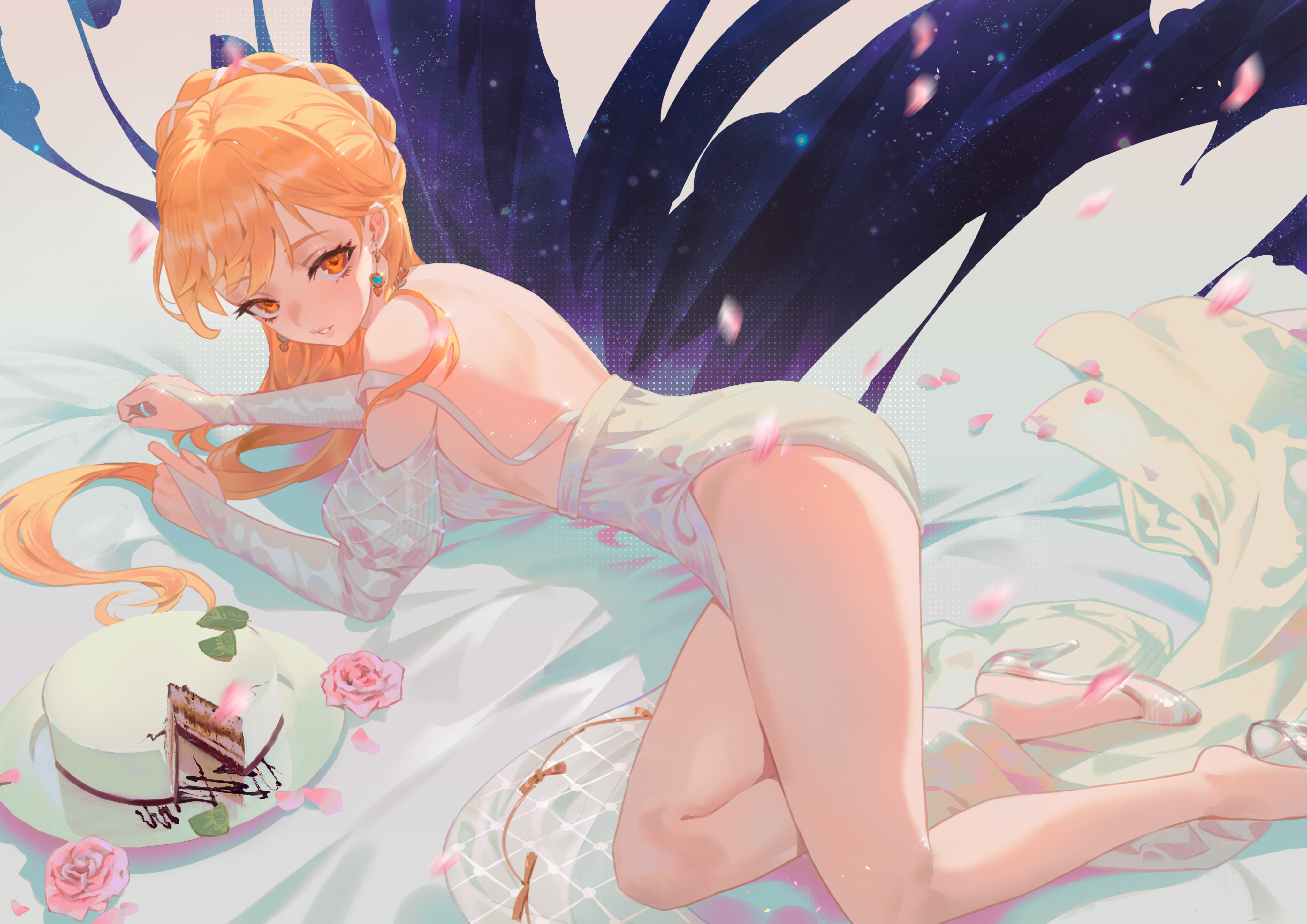 Anime 4093x2894 anime anime girls bareback blonde thighs back hazel eyes earring petals long hair rose flowers dress bare shoulders blushing heels bent legs lying on side thick eyelashes Cheesecake flares cake detached sleeves Cirilla (artist) food glitter jewelry long sleeves looking at viewer lying down motion blur orange eyes parted lips pink flowers pink roses rose petals white dress shoes white shoes sheets plates