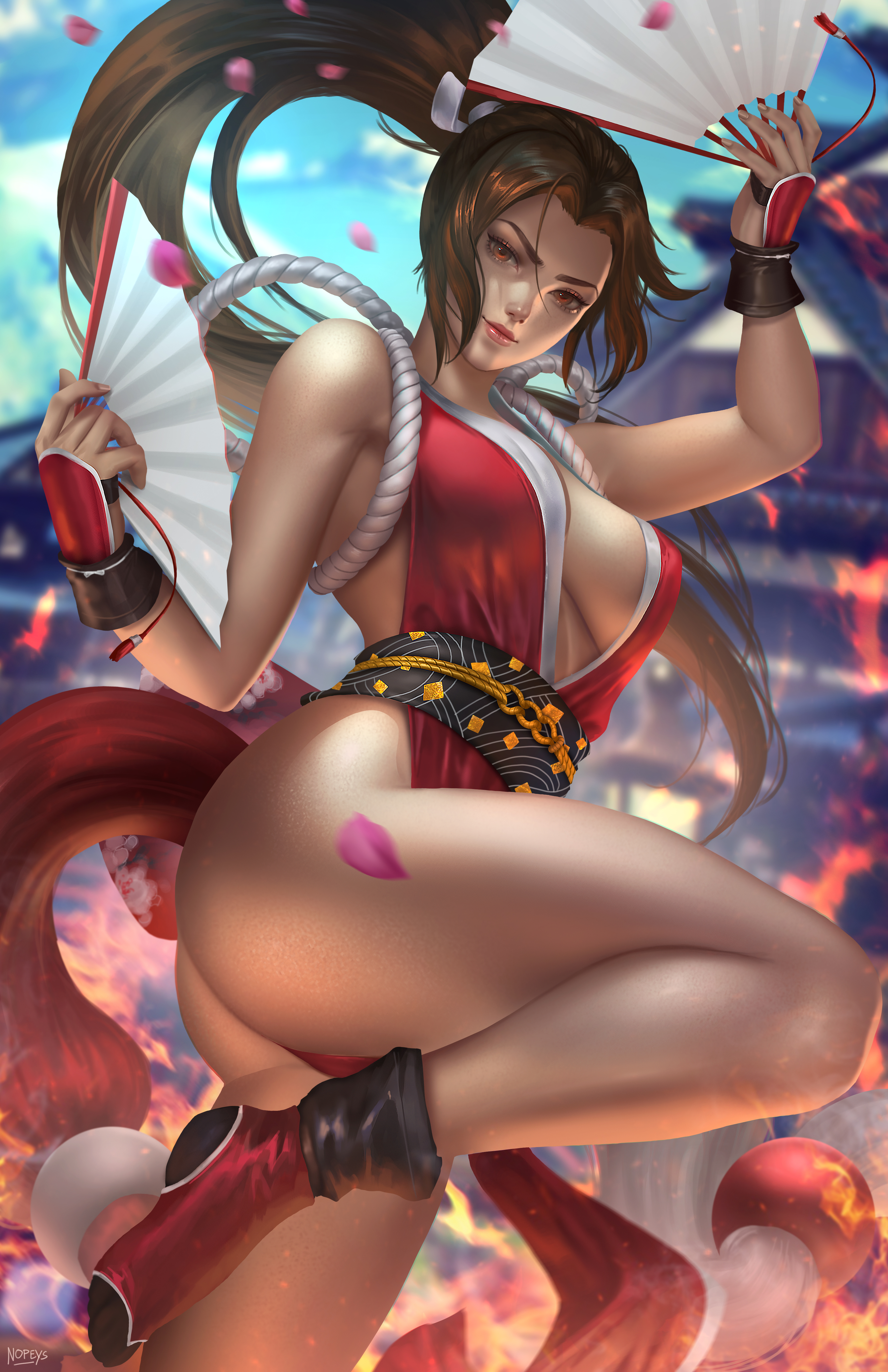 General 3300x5100 Mai Shiranui King of Fighters video games video game girls Kunoichi brunette ponytail curvy cleavage fans ass fire artwork drawing digital art illustration fan art fighting games Nopeys looking at viewer