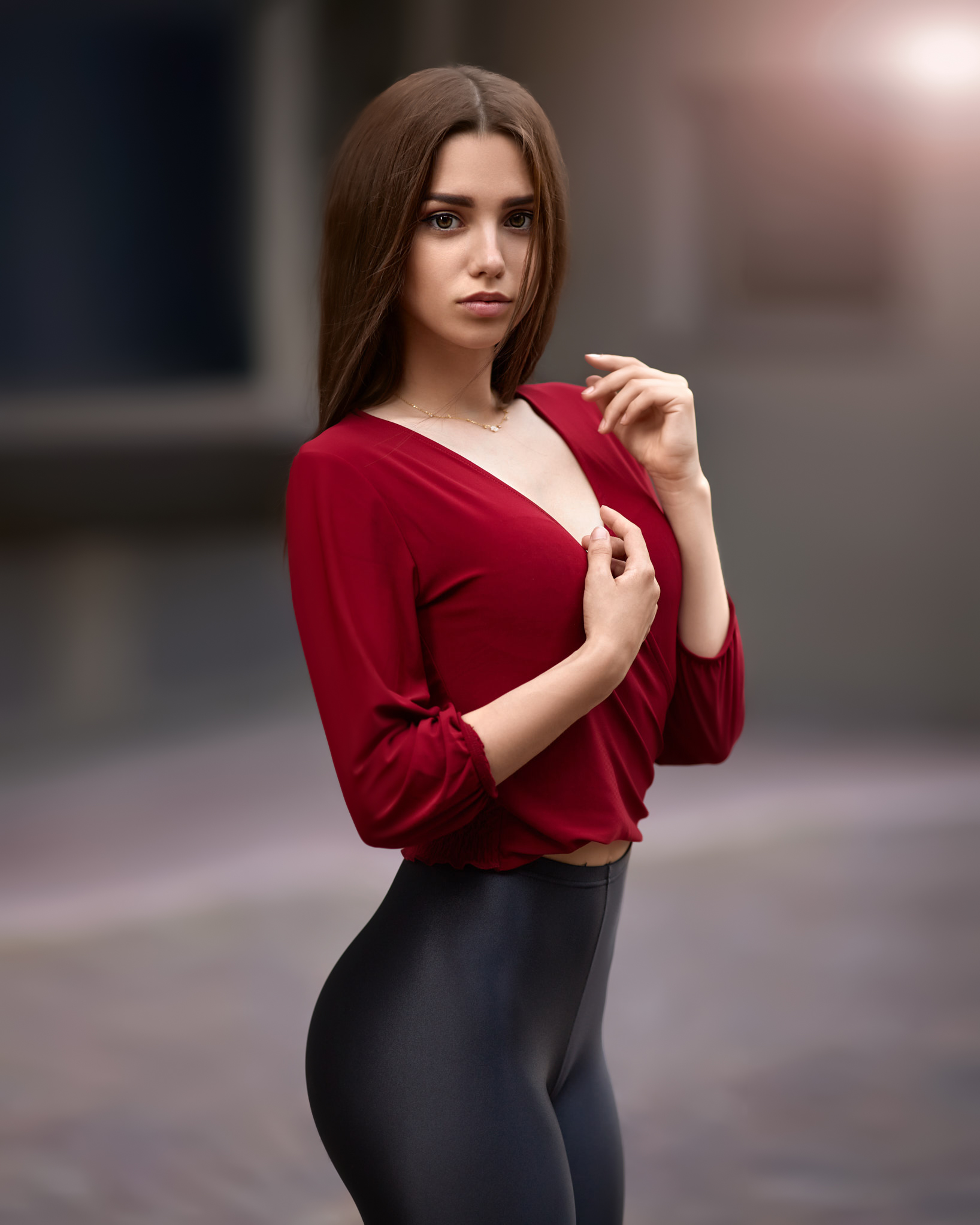 People 1636x2045 Weniamin Schmidt women brunette looking at viewer straight hair red clothing black clothing depth of field makeup high waisted leggings Sophie XDT