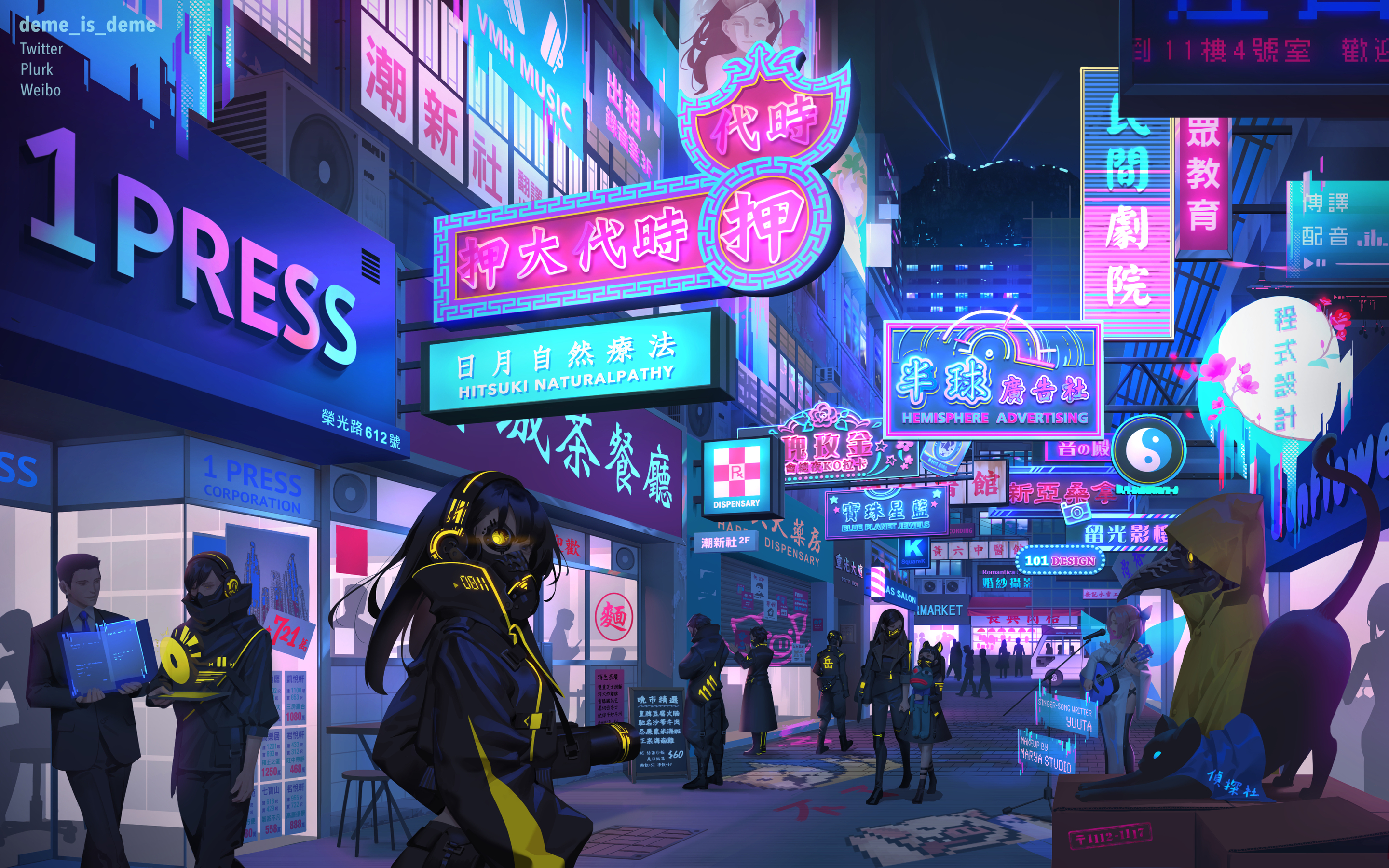 Anime 2880x1800 cyberpunk neon cats women men digital art