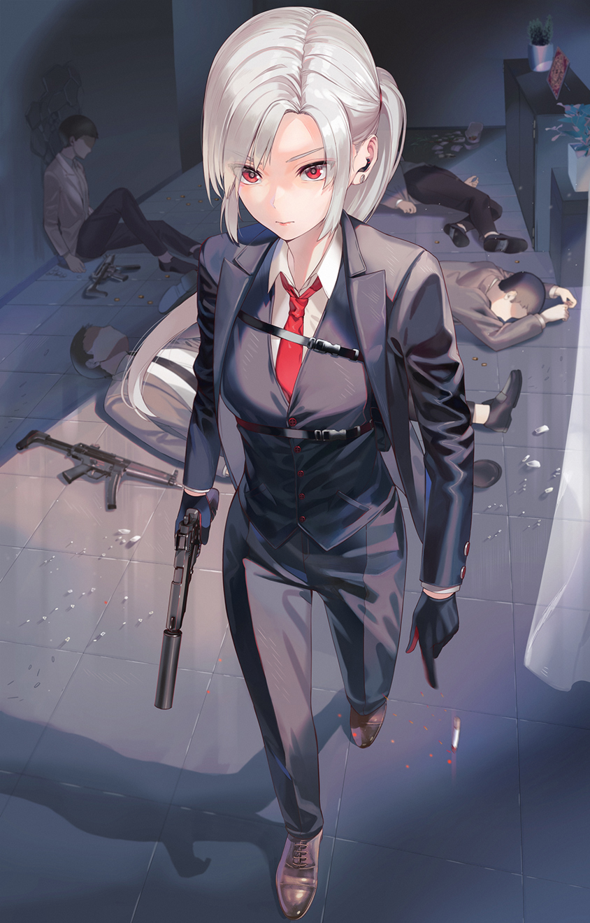 Anime 844x1320 anime anime girls KFR artwork silver hair red eyes suits weapon corpse