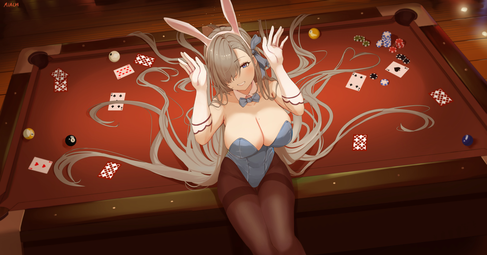 Anime 1661x870 anime anime girls Miachyuzuki artwork Blue Archive Asuna Ichinose gray hair long hair blue eyes smiling big boobs cleavage bunny suit high angle sitting arms up billiards poker chips cards blue leotard gloves leotard white gloves hair over one eye bow tie looking at viewer bunny girl