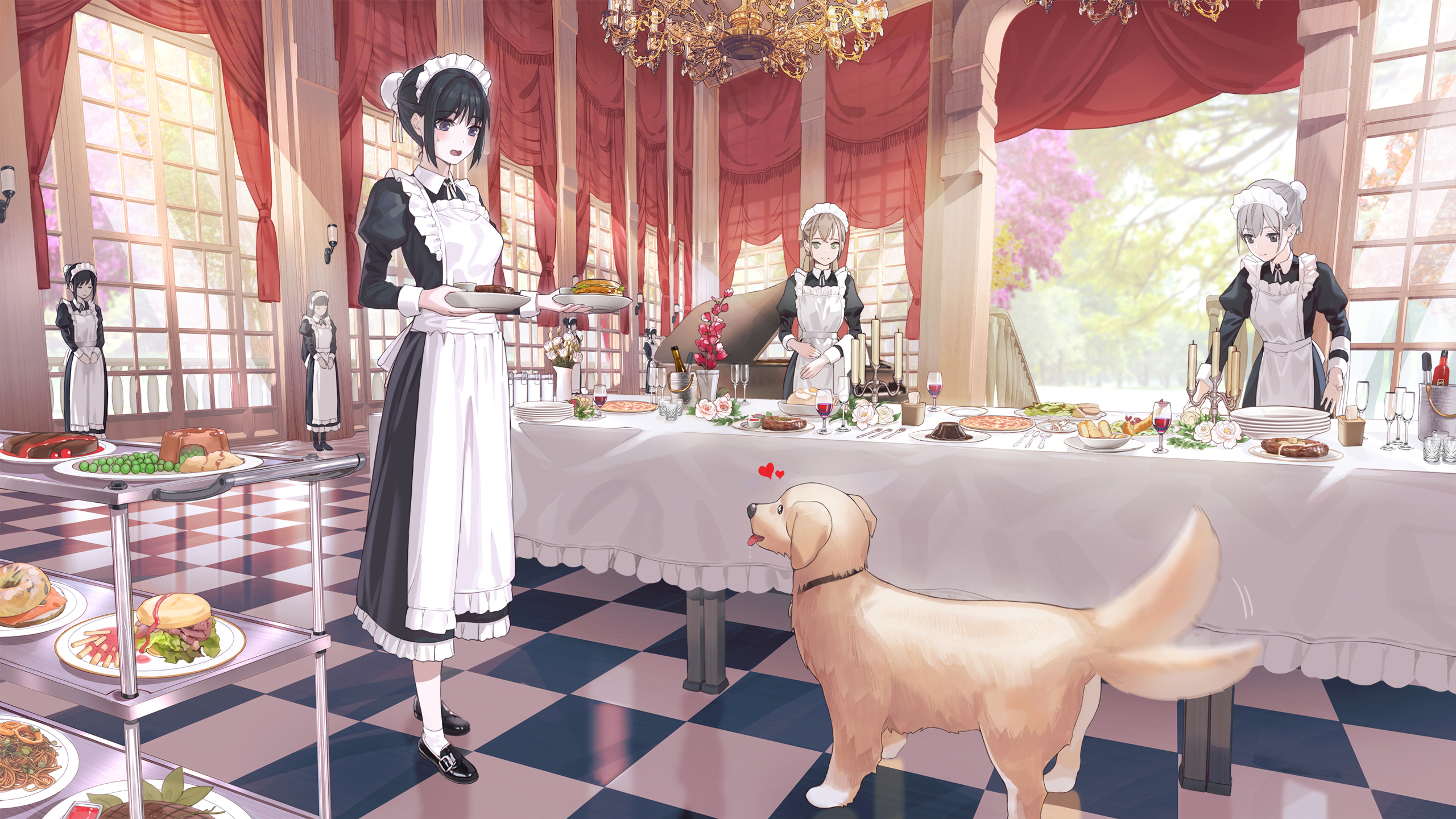 Anime 2560x1440 anime anime girls KFR artwork dog maid maid outfit food standing