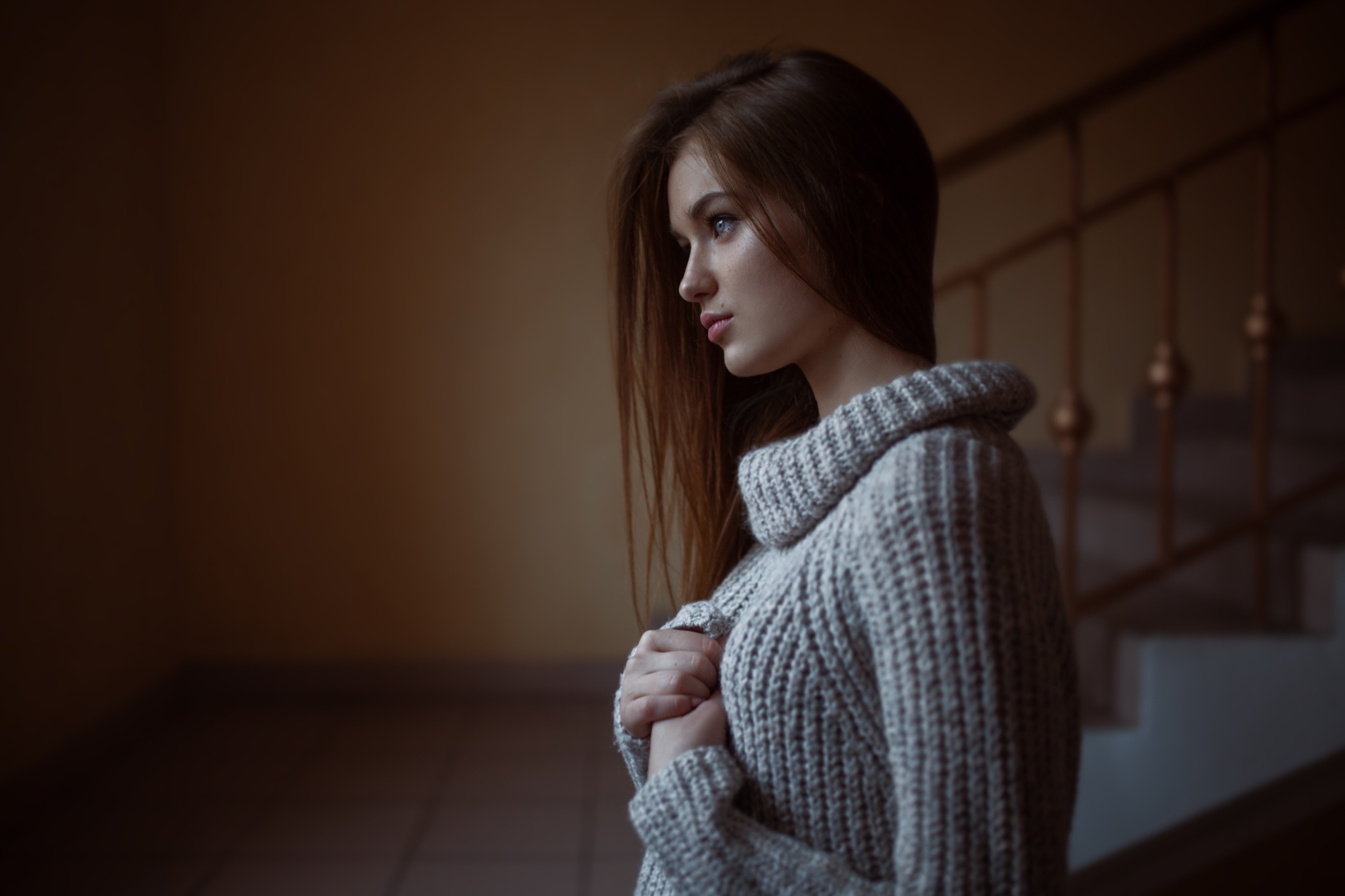 People 2048x1365 model depth of field women sweater white sweater stairs side view profile brunette long hair straight hair indoors women indoors