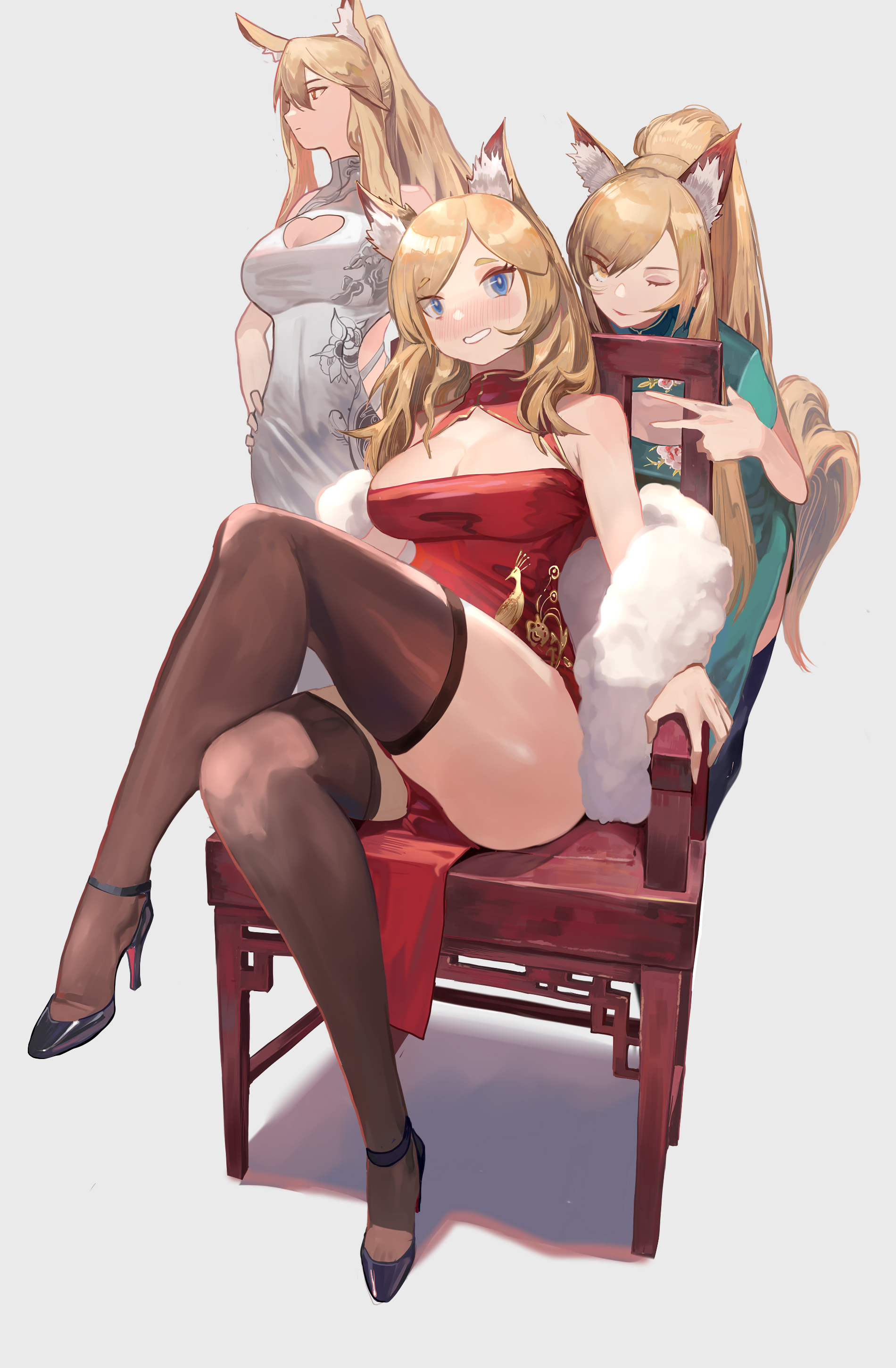 Anime 1900x2900 anime anime girls simple background Arknights blonde animal ears Vic portrait display stockings cleavage black stockings chinese dress thigh-highs Blemishine (Arknights) Whislash (Arknights) Nearl(Arknights) thick thigh