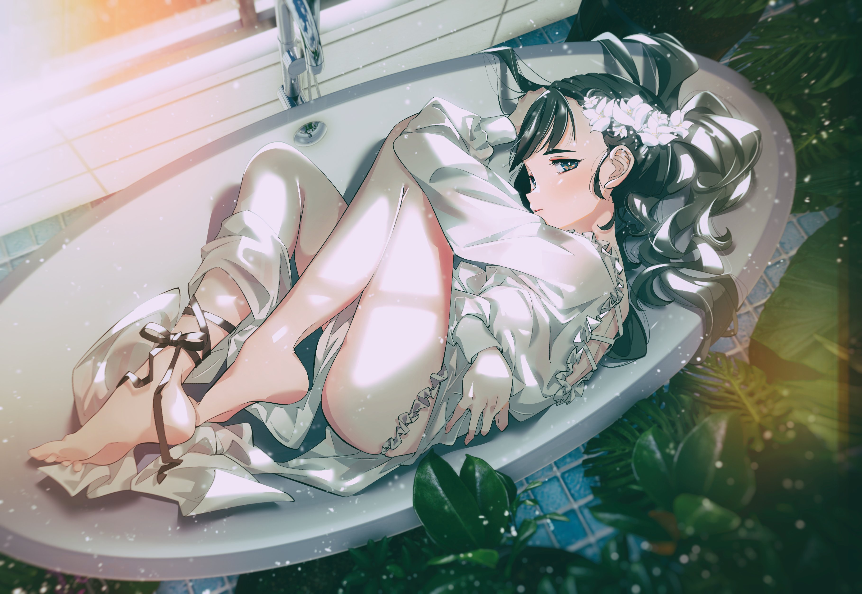 Anime 3637x2508 Shiomi anime anime girls plants bathroom dark hair long hair faucets mirror flowers ribbon looking at viewer dress barefoot