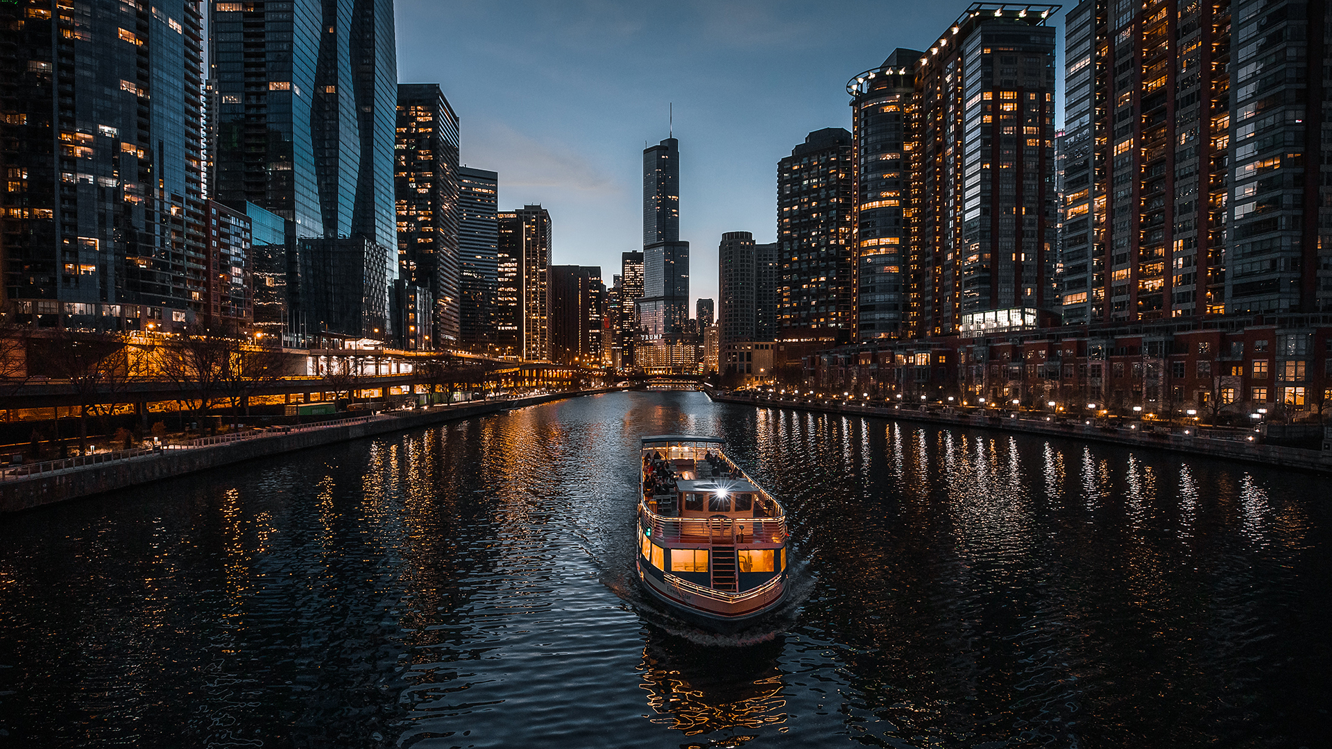 General 1920x1080 photography water night lights clouds building Chicago USA river