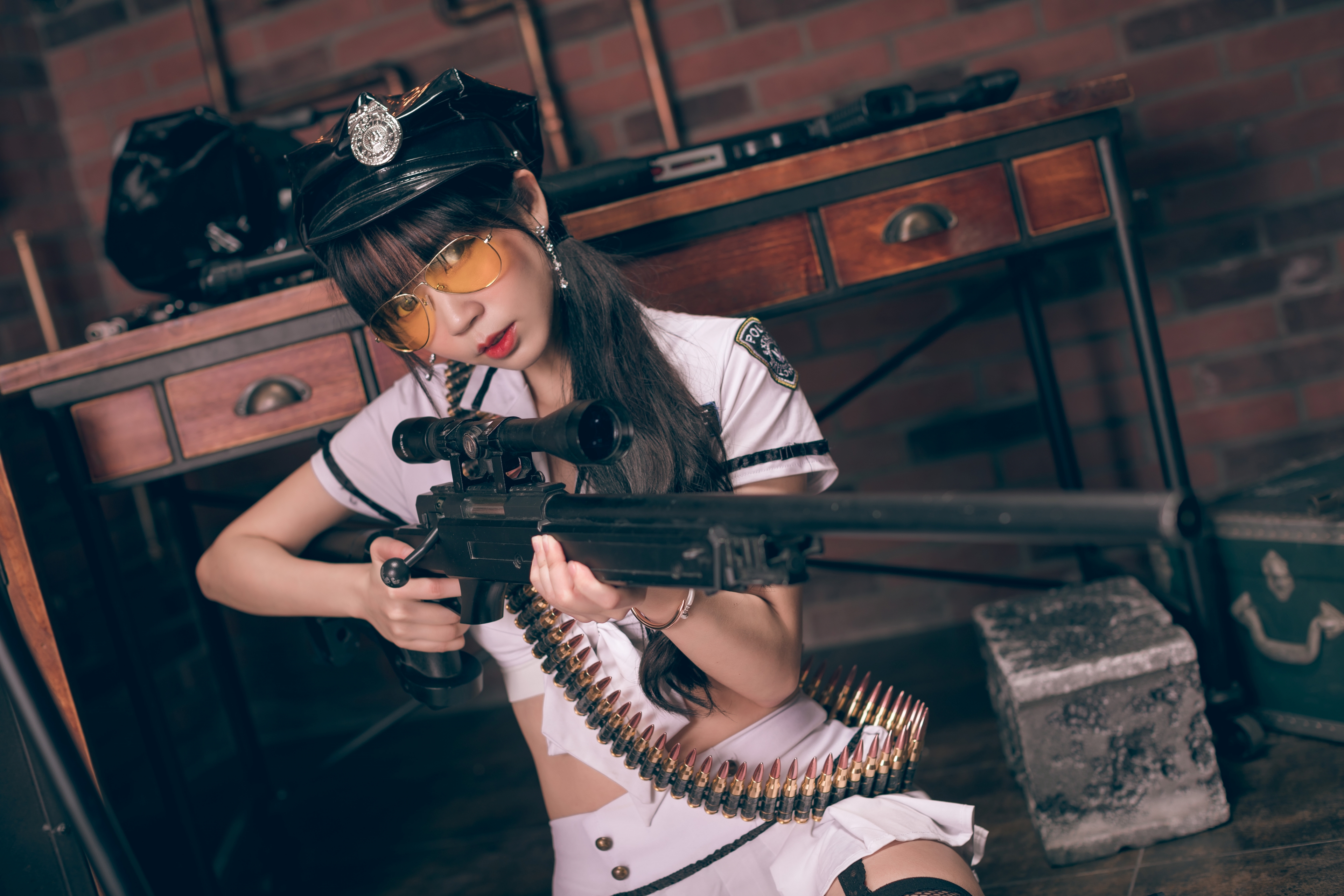 People 3840x2560 Serene Liu women model cosplay police women brunette bangs berets women with glasses police costume uniform looking away parted lips rifles ammunition bullet weapon lingerie garter straps stockings black stockings fishnet stockings indoors women indoors black hair long hair fishnet Chinese Chinese model girls with guns women with hats women with shades Asian