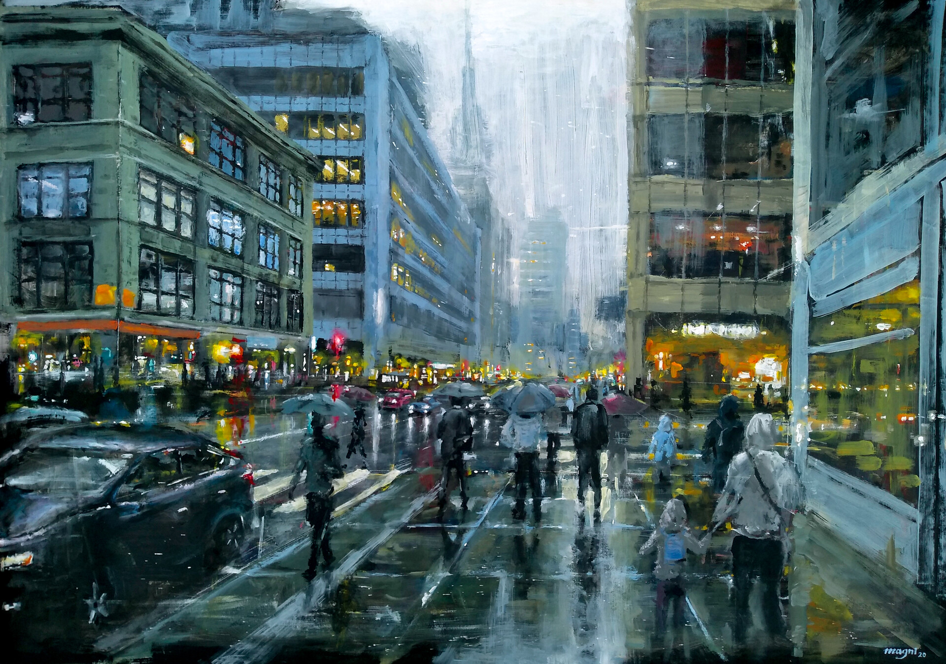 General 1920x1348 ArtStation city wet street umbrella New York City artwork people digital art digital painting fan art Joel Magni