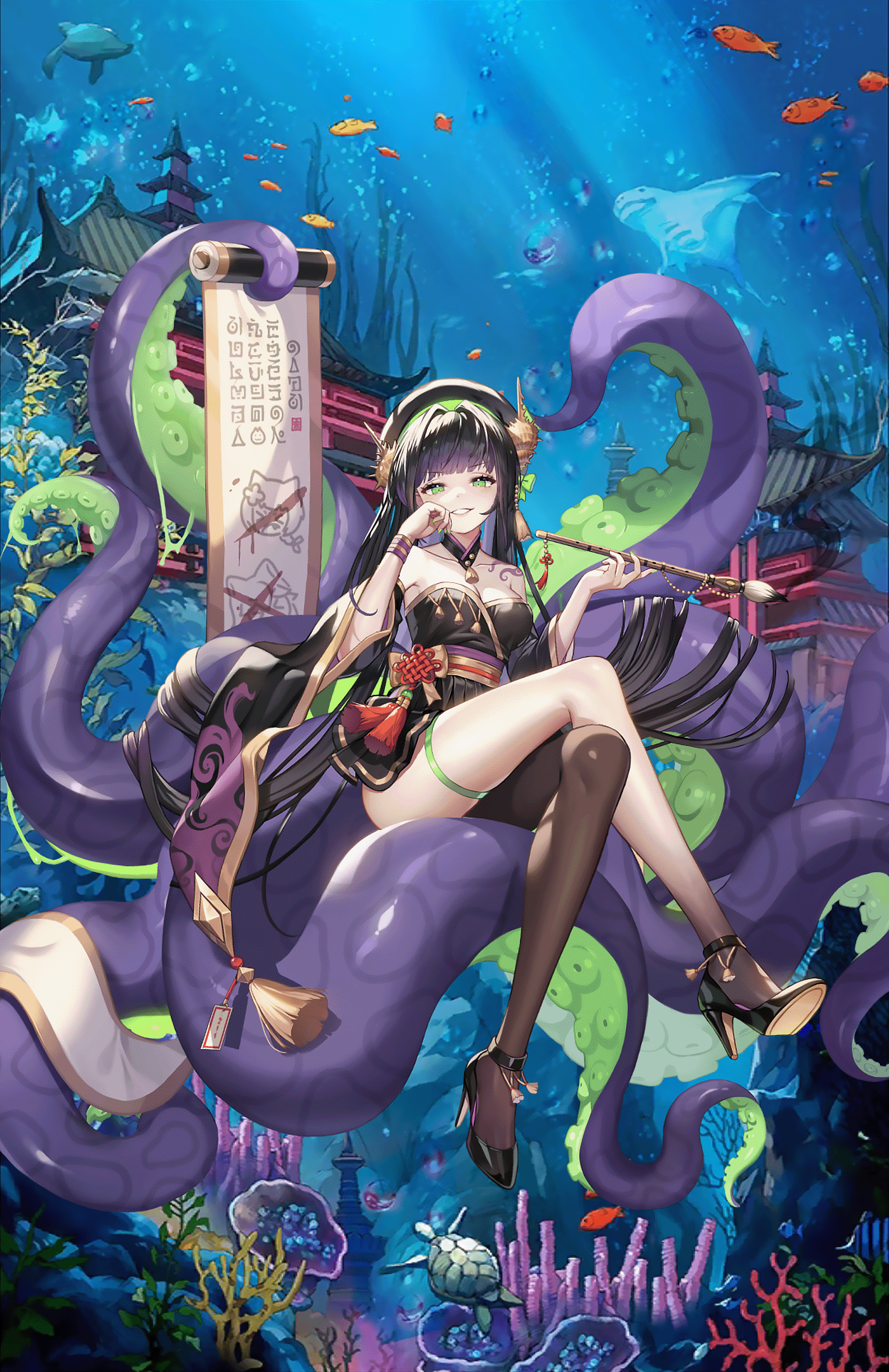 Anime 1799x2778 Guardian Tales Ara (Guardian Tales) anime anime girls heels legs legs crossed tentacles underwater fantasy art fantasy girl