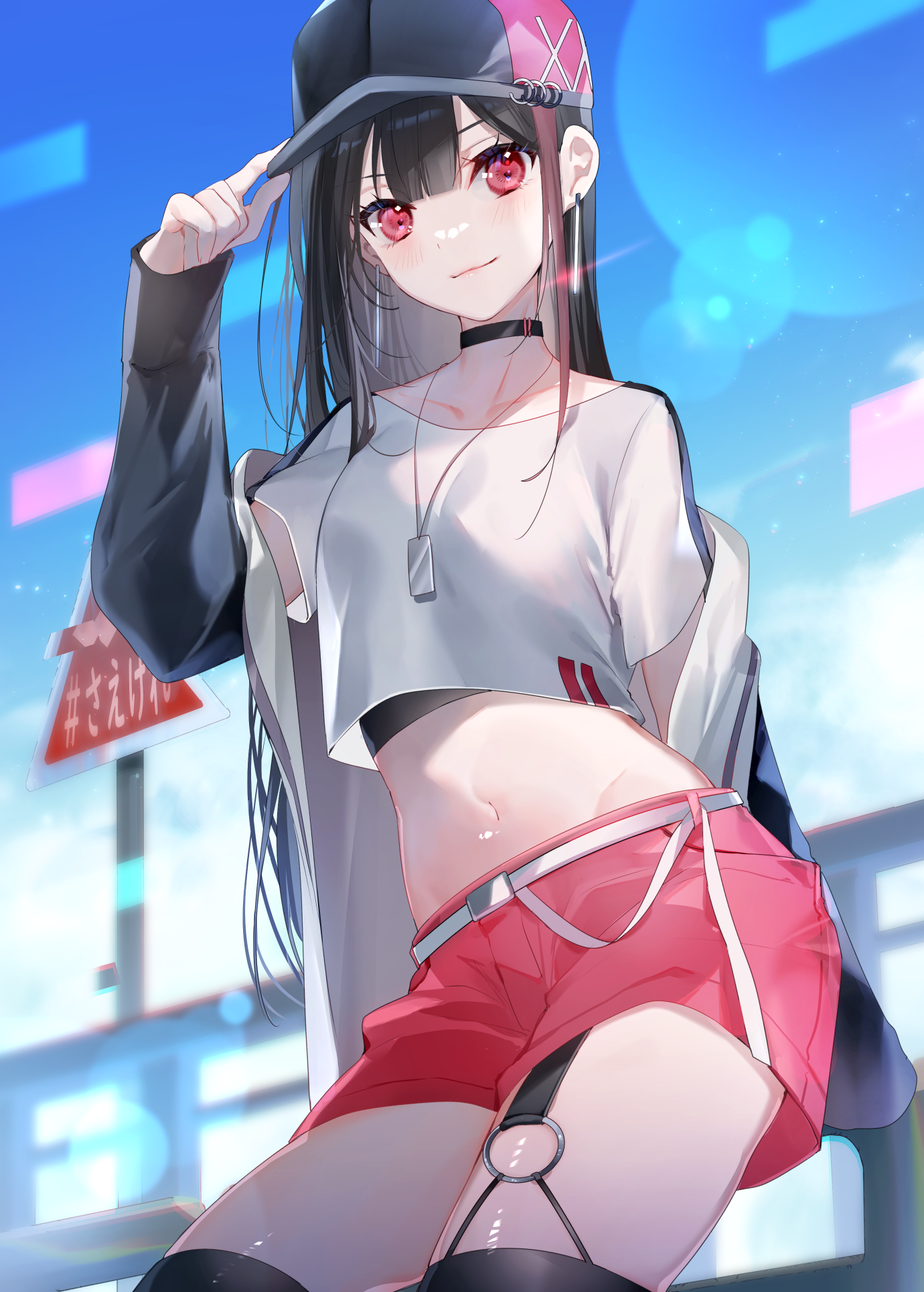 Anime 1380x1929 pale shorts anime girls red eyes hat belly choker looking at viewer smiling belly button