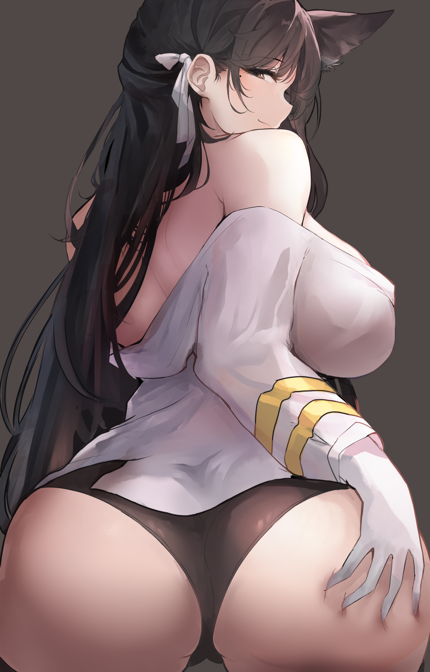 Anime 1496x2339 Azur Lane Atago (Azur Lane) Liaowen anime girls huge breasts thick ass spread ass the gap black panties dark background looking over shoulder ass smiling