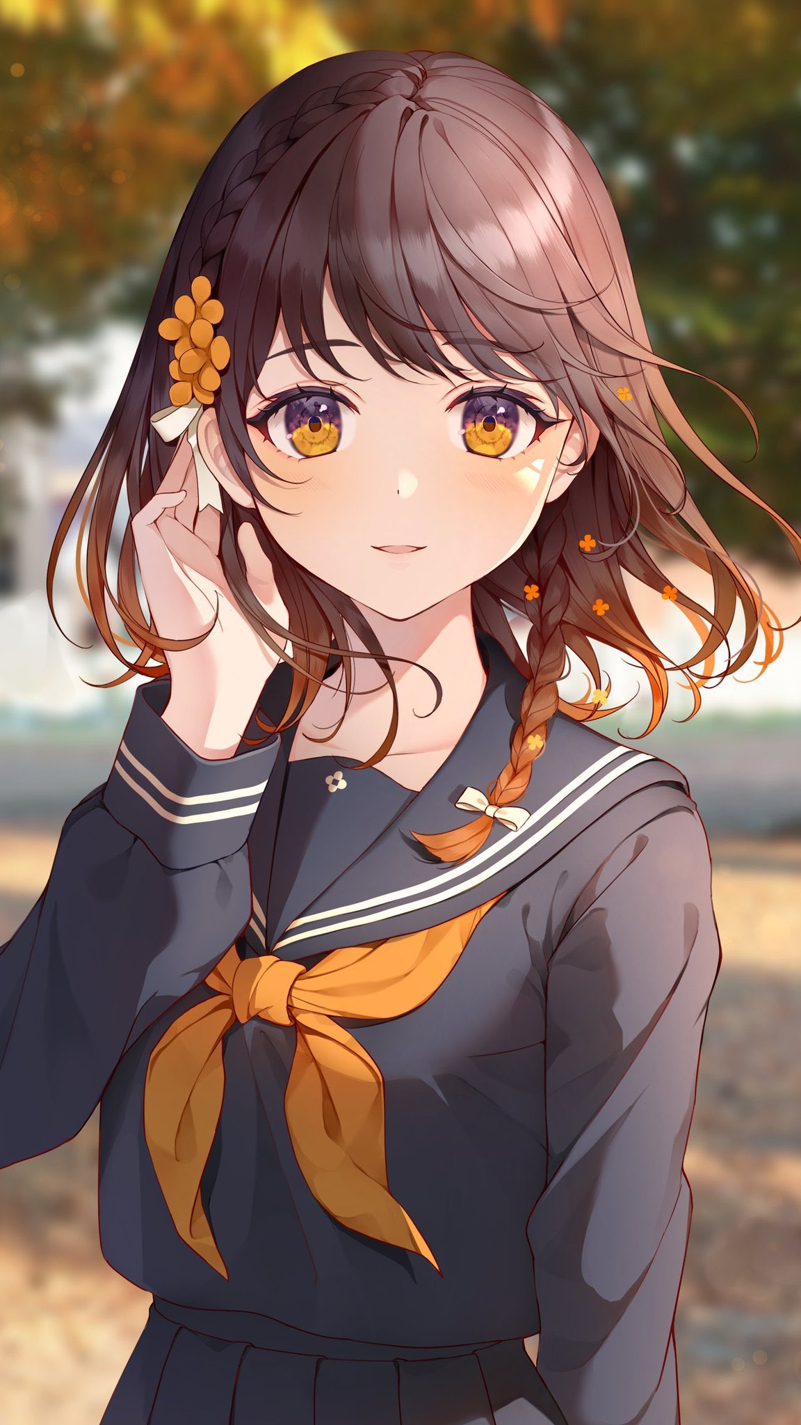 Anime 1152x2048 anime anime girls school uniform schoolgirl yellow eyes flower in hair brunette