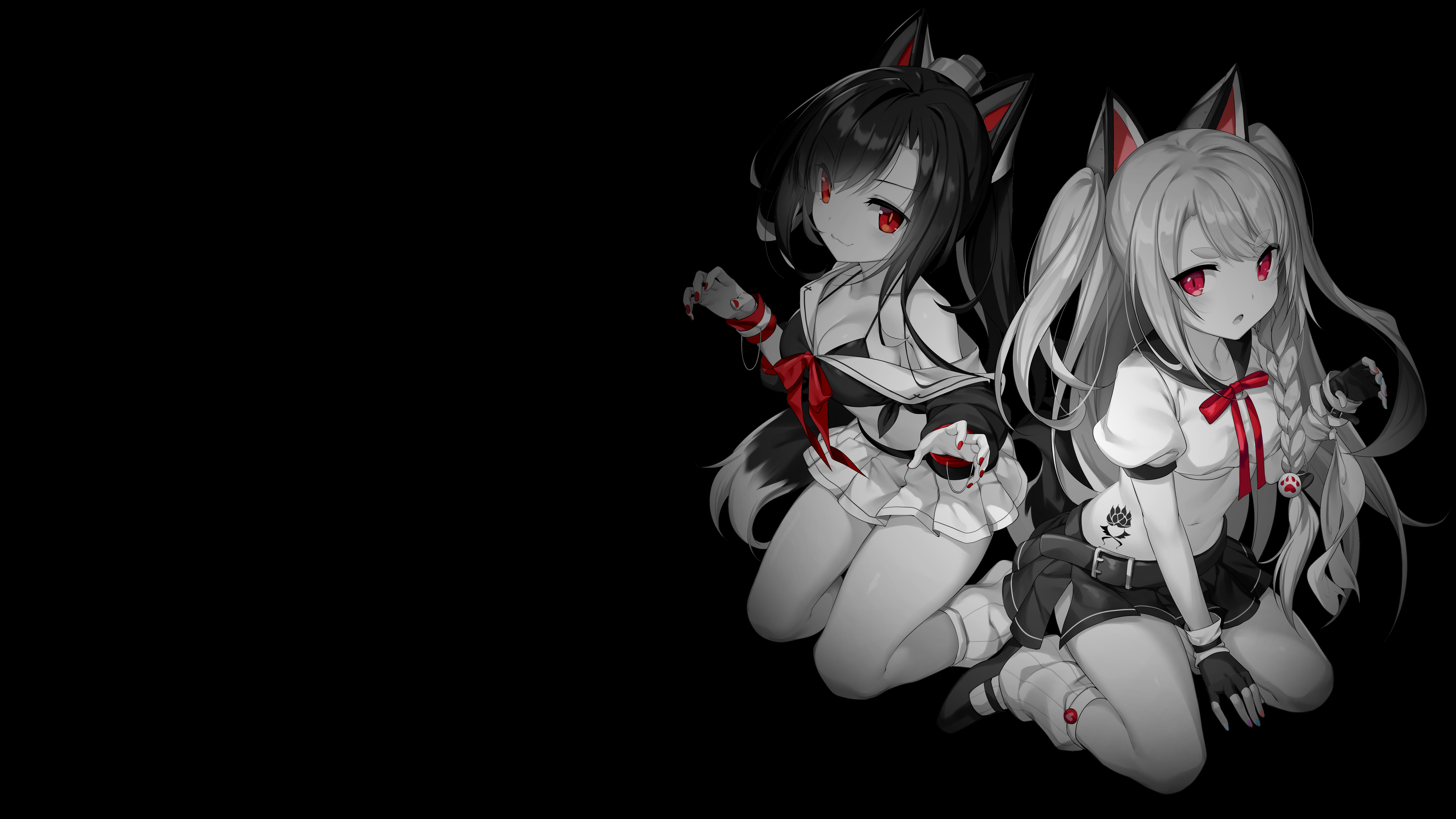 Anime 7223x4063 selective coloring black background dark background simple background anime girls cat ears cat tail cat girl skirt