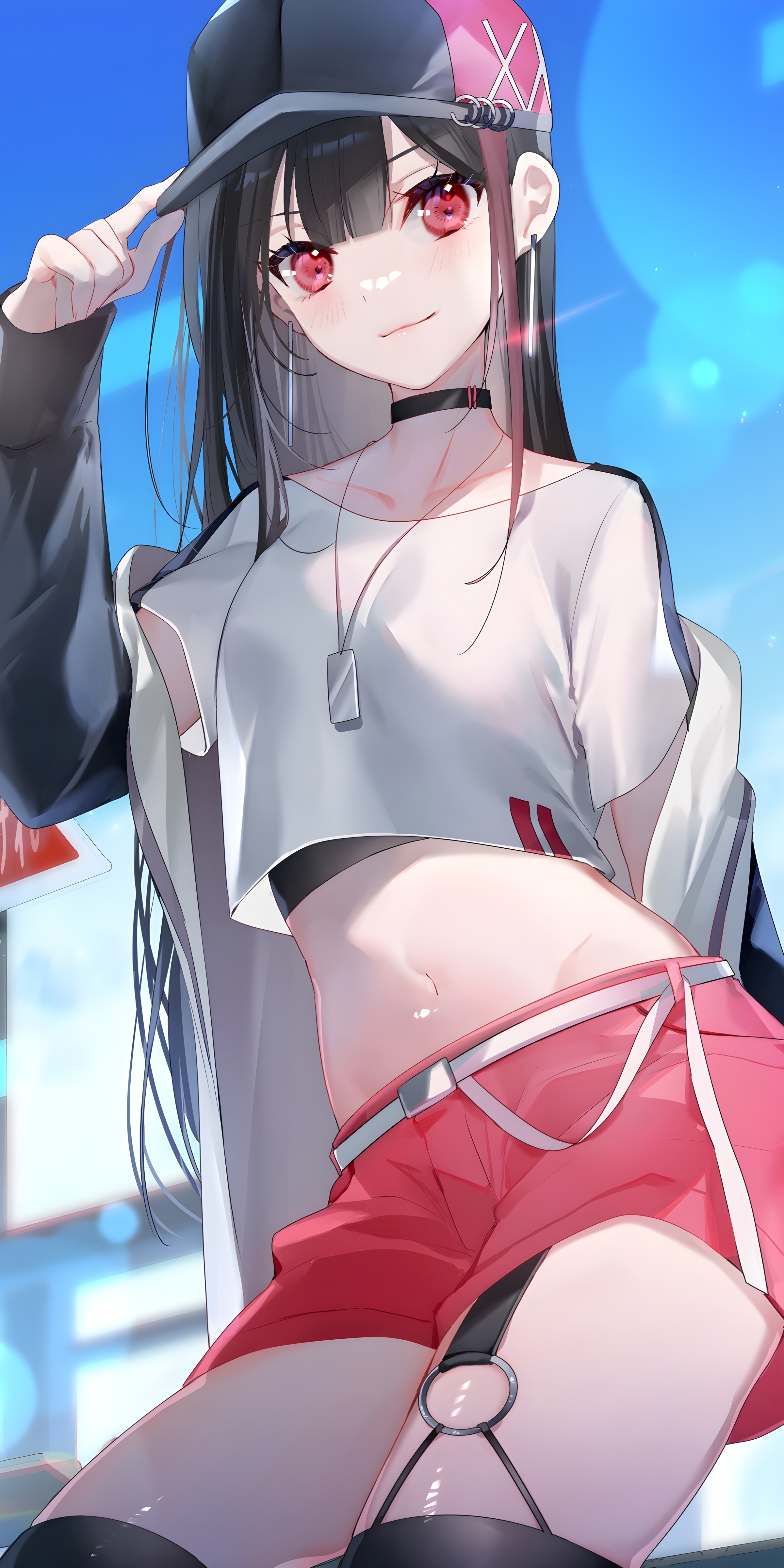 Anime 2400x4800 anime anime girls digital art 2D artwork looking at viewer portrait portrait display belly belly button petite shorts short shorts Dolphin shorts red eyes red shorts crop top choker outdoors hat knee-highs