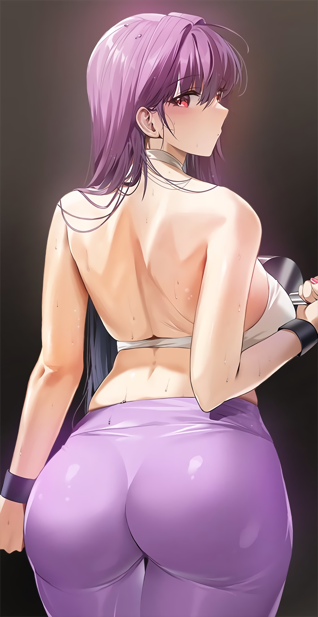 Anime 1030x2000 anime girls purple hair red eyes yoga pants leggings sports bra rear view sweat sweaty body sportswear gym clothes long hair Damda Scathach Fate/Grand Order ass looking at viewer standing looking back sideboob portrait display