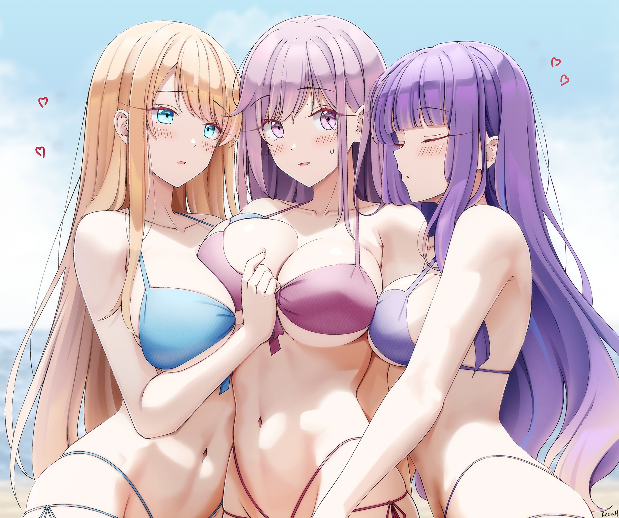 Anime 2000x1673 Keenh bikini swimwear beach blonde purple hair blue eyes purple eyes holding boobs big boobs huge breasts boobs on boobs anime girls women trio