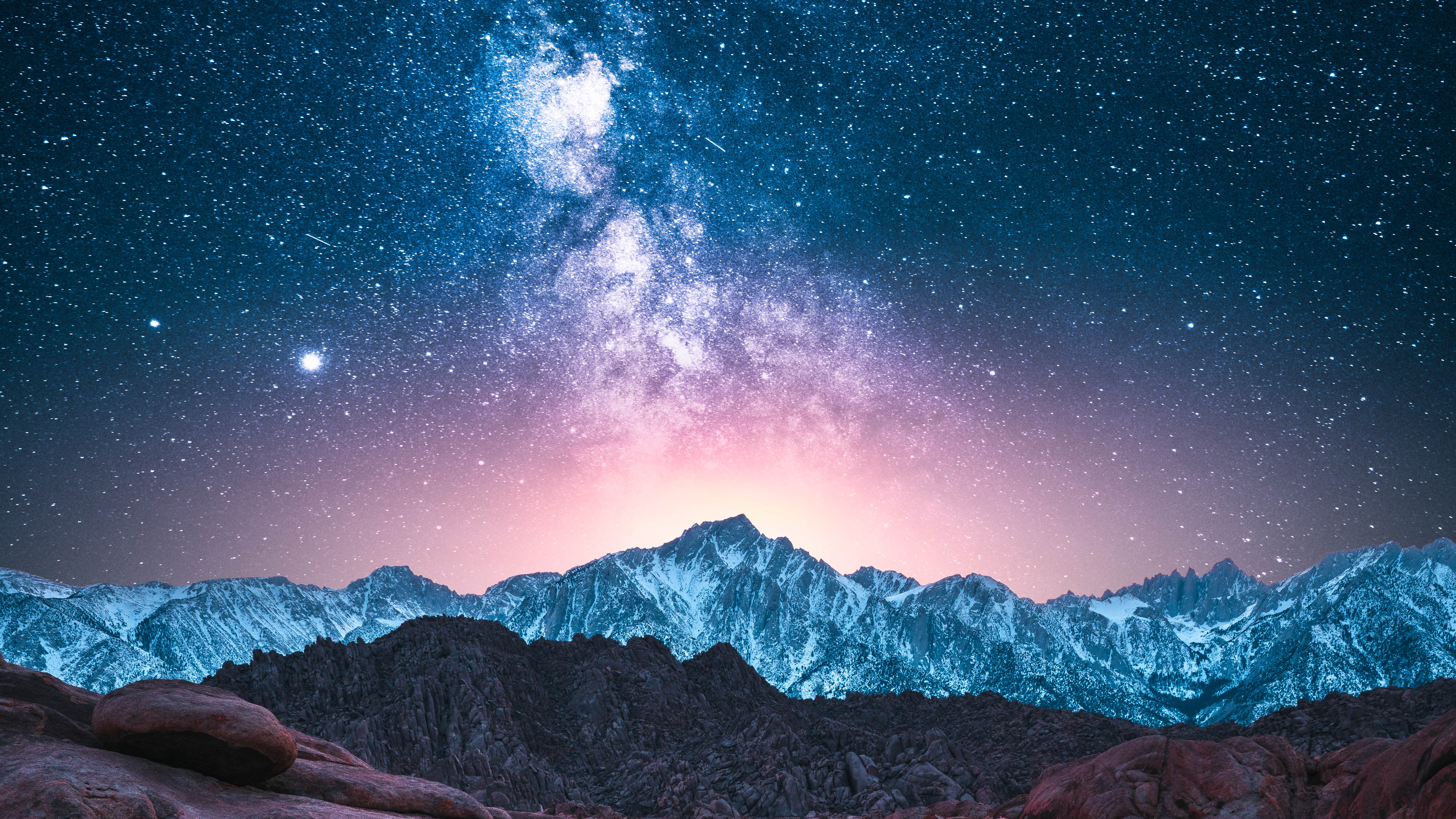 General 5120x2880 photography landscape mountains nature snow sunset stars Milky Way space shooting stars planet starry night