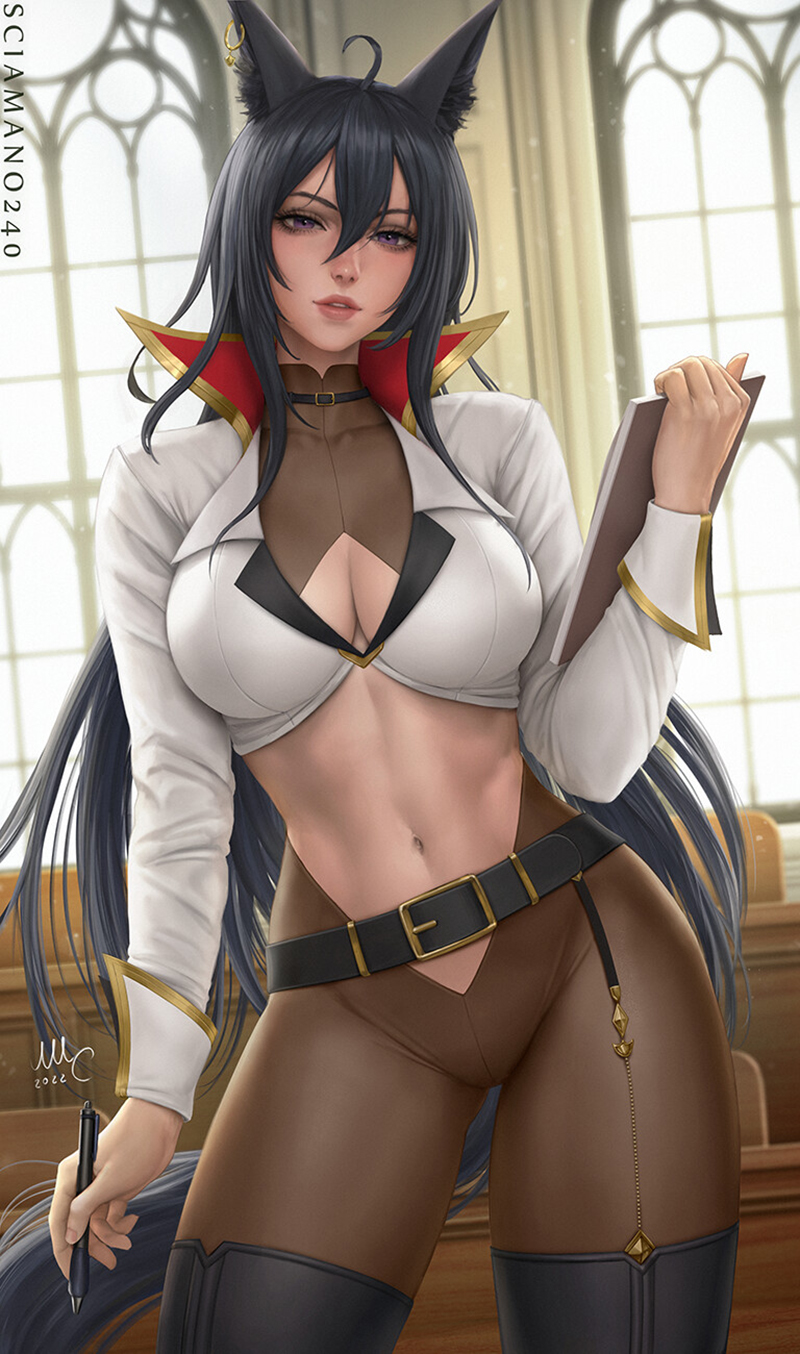 Anime 800x1354 Mirco Cabbia drawing The Greatest Demon Lord Is Reborn as a Typical Nobody women Olivia vel Vine dark hair animal ears white clothing pen indoors cleavage belly