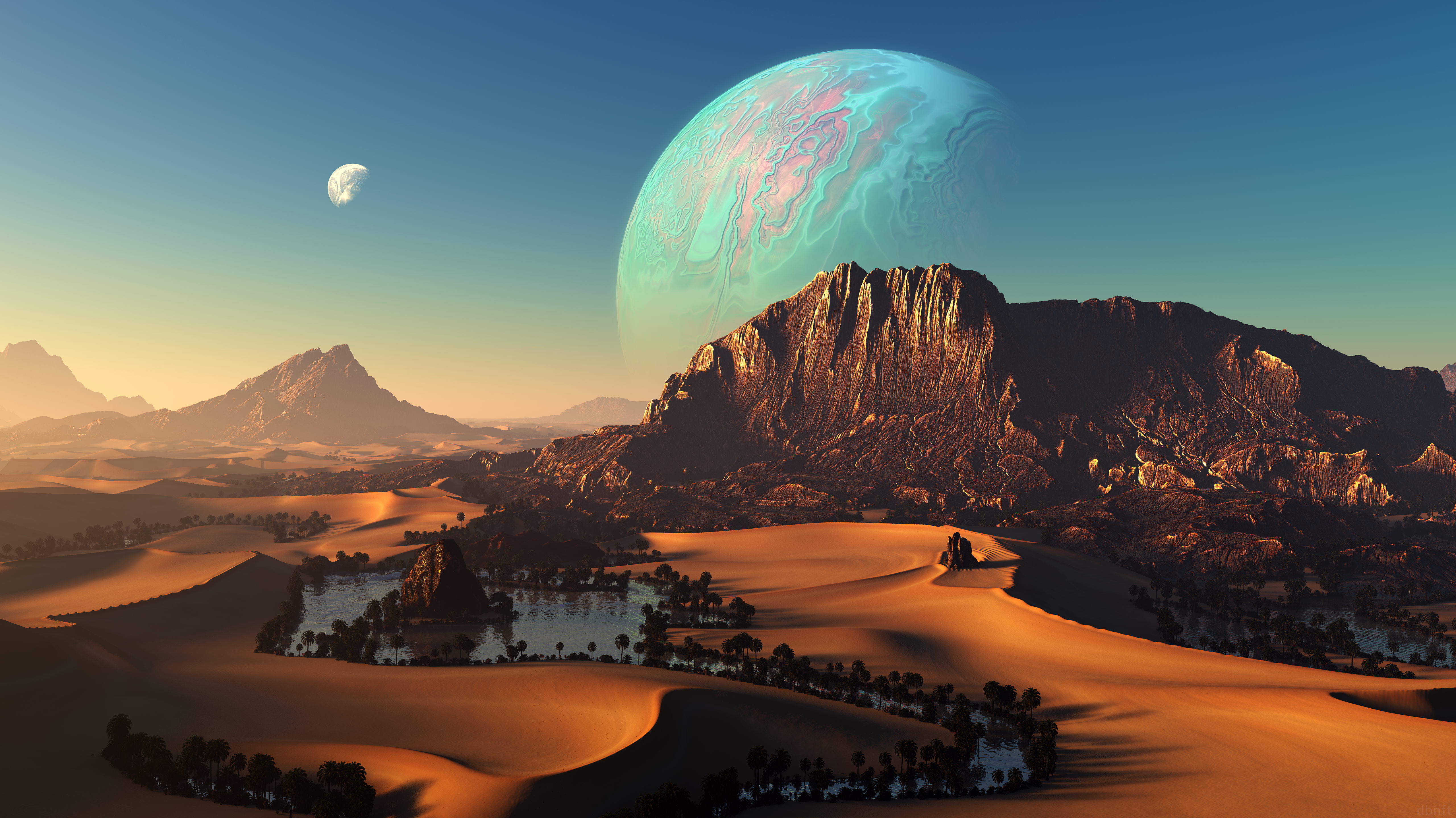 General 5120x2880 Ryan Bliss digital art artwork CGI nature landscape desert oasis planet mountains sand palm trees