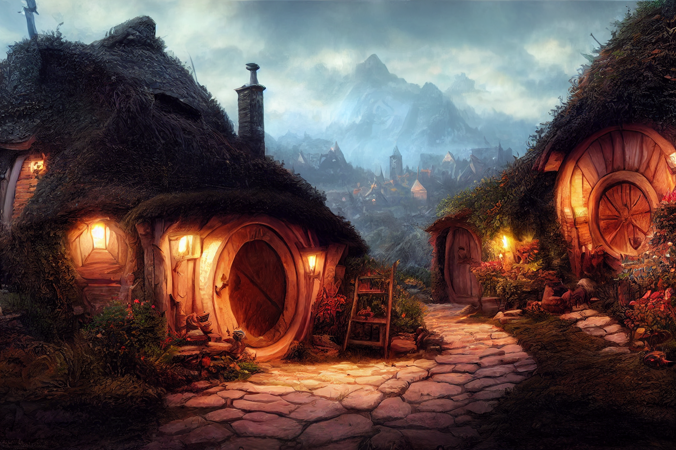 General 2304x1536 Hobbiton village evening fantasy art The Shire J. R. R. Tolkien AI art