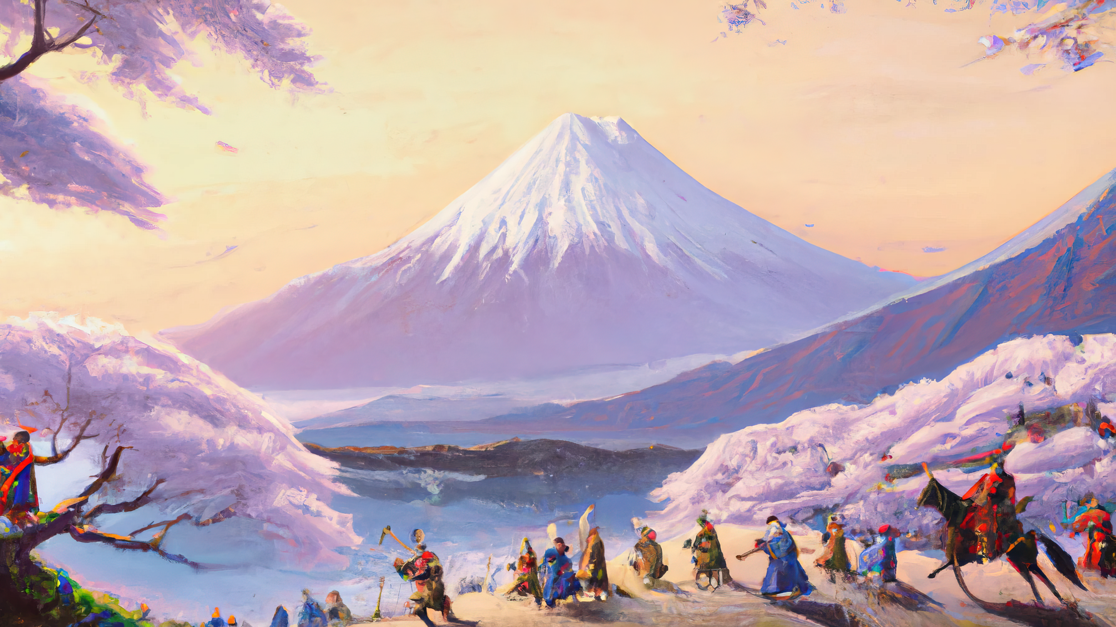 General 3840x2160 AI art painting Japan Mount Fuji mountains cherry blossom landscape artwork