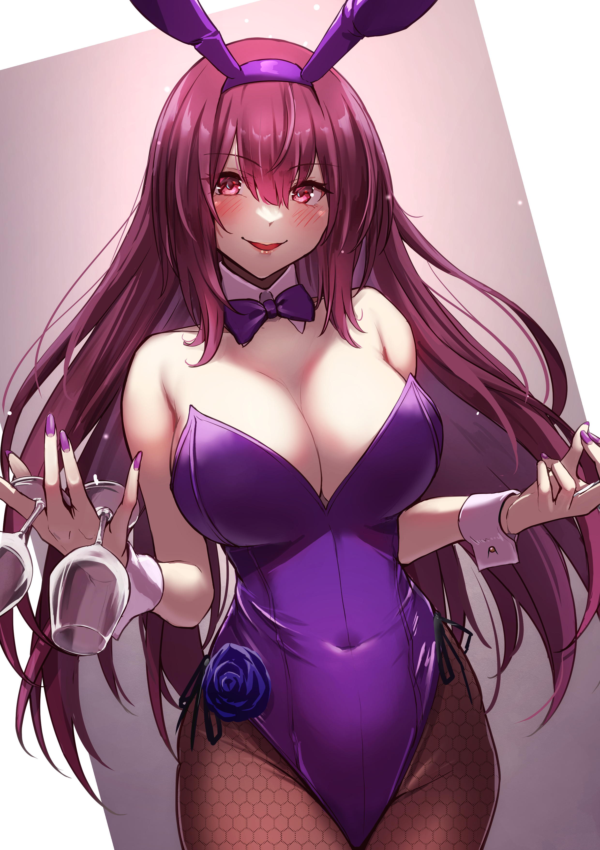 Anime 2480x3508 Fate/Grand Order Scathach Yoshimoto anime girls cleavage redhead red eyes blushing smiling long hair bunny suit bunny ears wine glass big boobs purple eyes purple hair bow tie fishnet pantyhose
