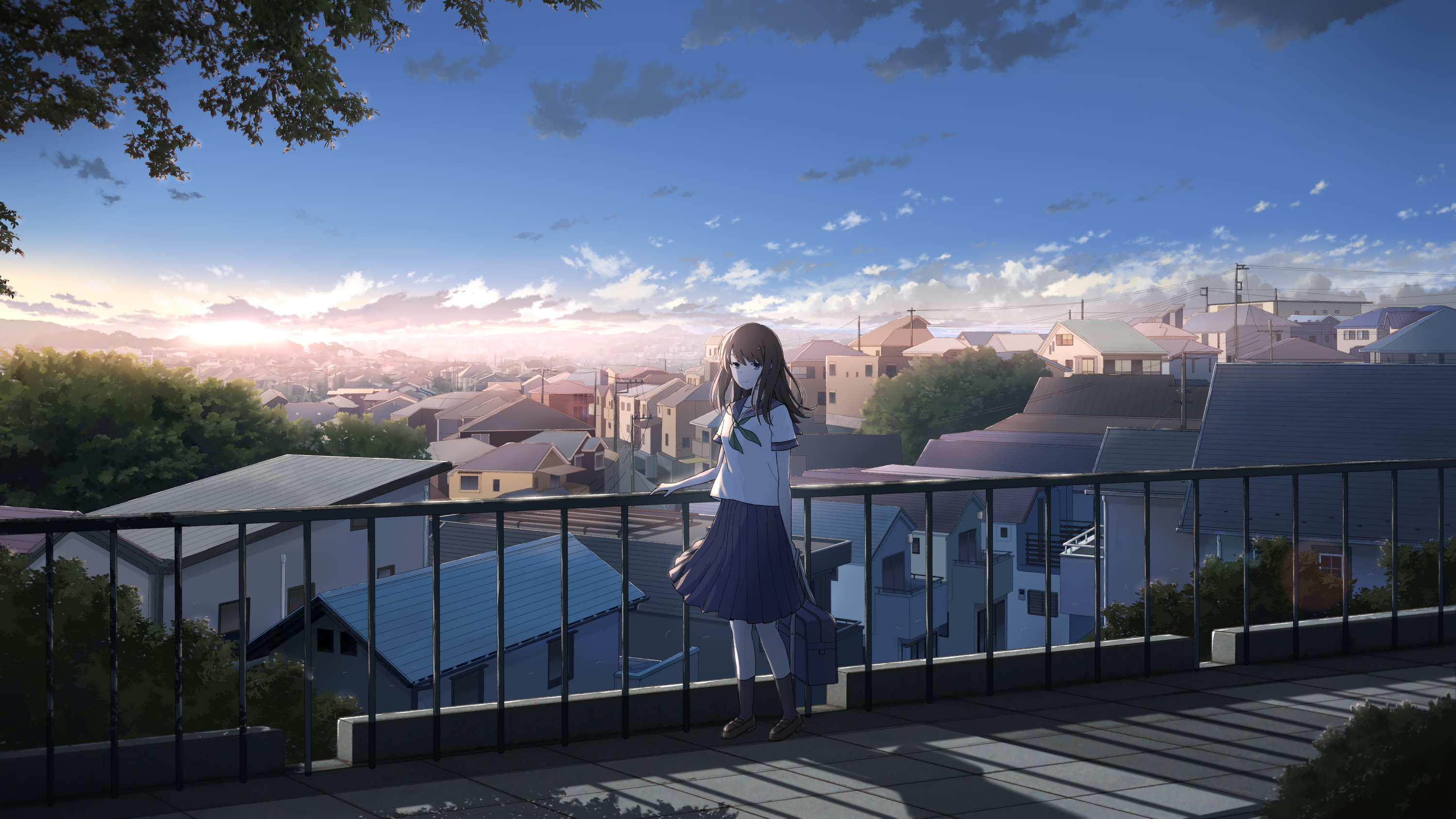 Anime 3000x1688 anime girls school uniform sky clouds cityscape moescape landscape