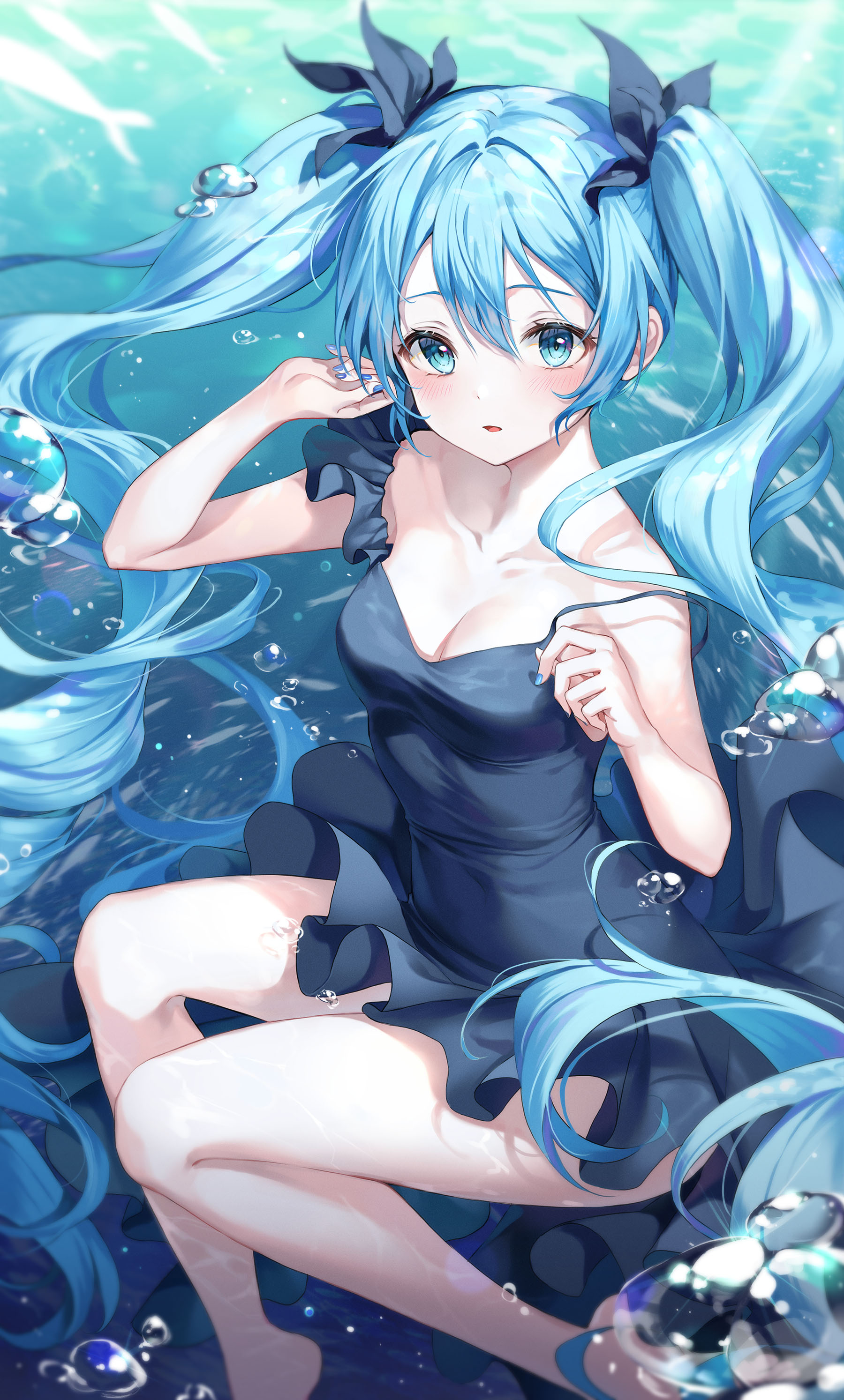Anime 1800x2988 anime girls Vocaloid Hatsune Miku R O Ha long hair blue hair dress cleavage twintails blue eyes underwater